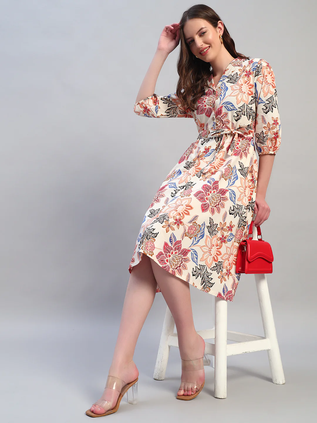 Women Printed Off-White Spread Collar 3/4th Sleeves Casual Dress - Image 5