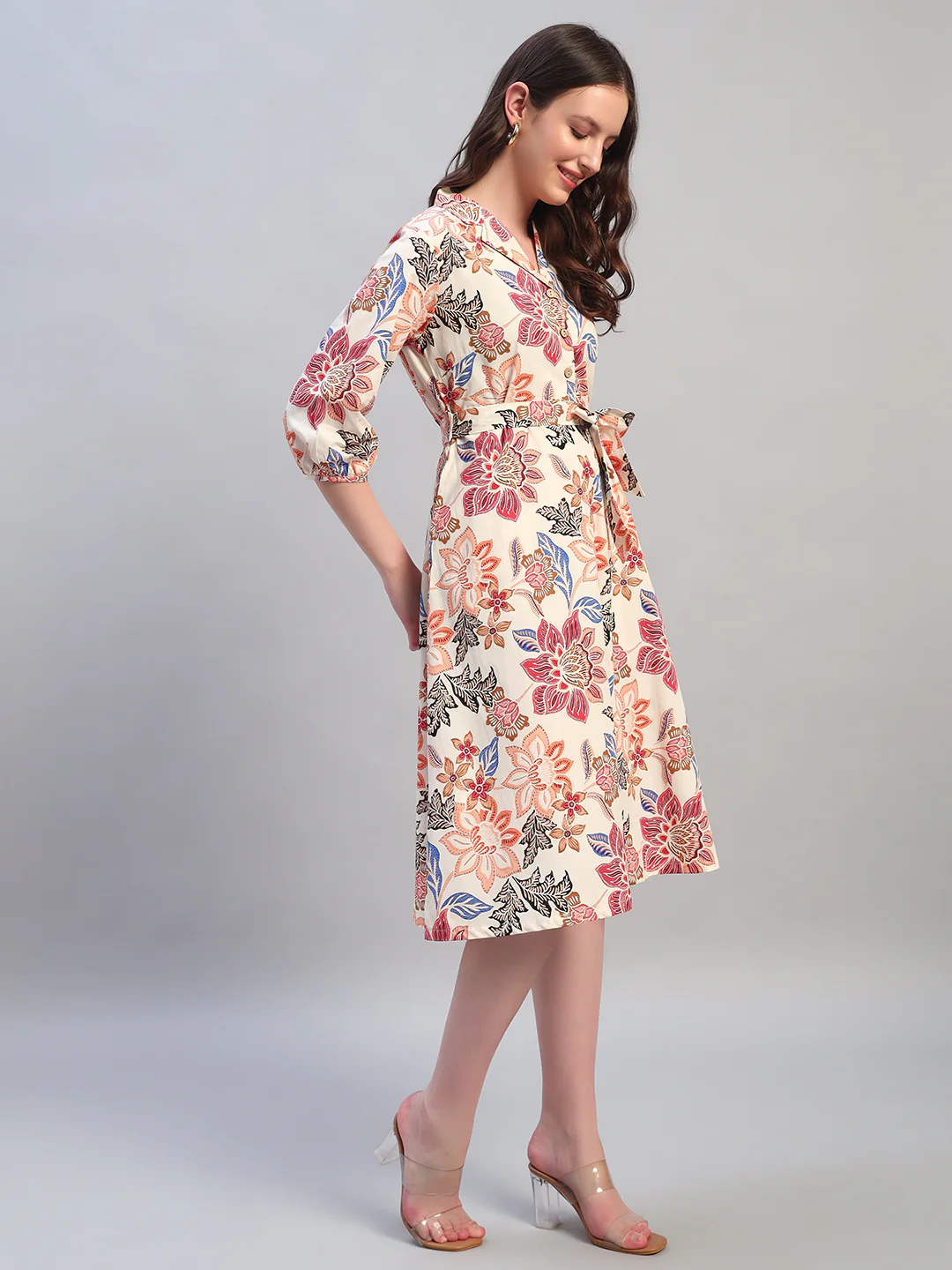 Women Printed Off-White Spread Collar 3/4th Sleeves Casual Dress - Image 6