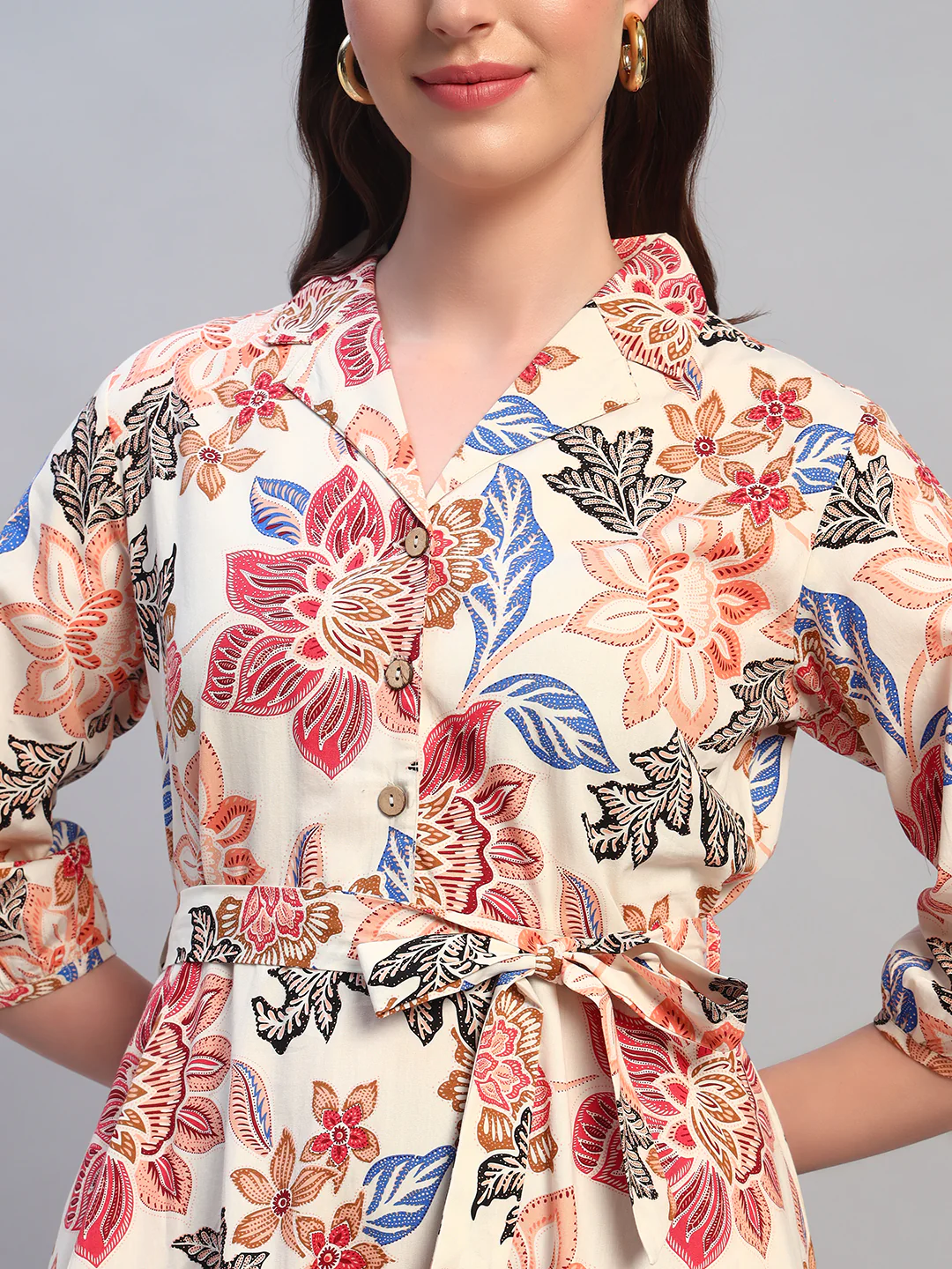 Women Printed Off-White Spread Collar 3/4th Sleeves Casual Dress - Image 7