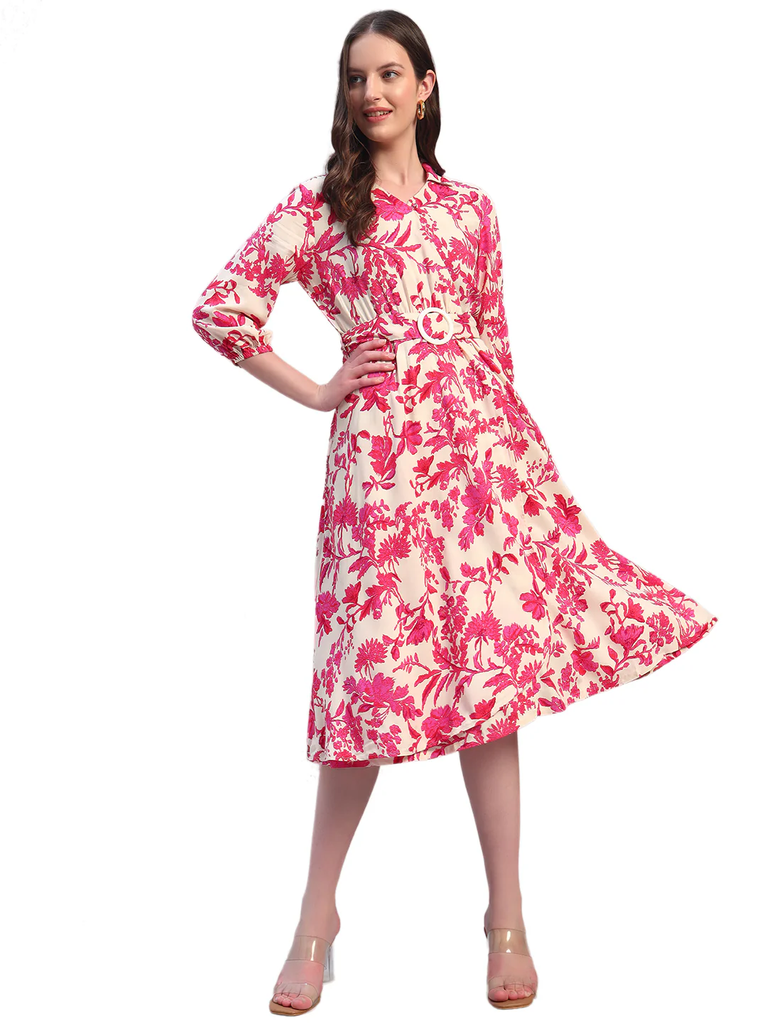 Women Printed Pink V-Neck 3/4th Sleeves Casual Dress