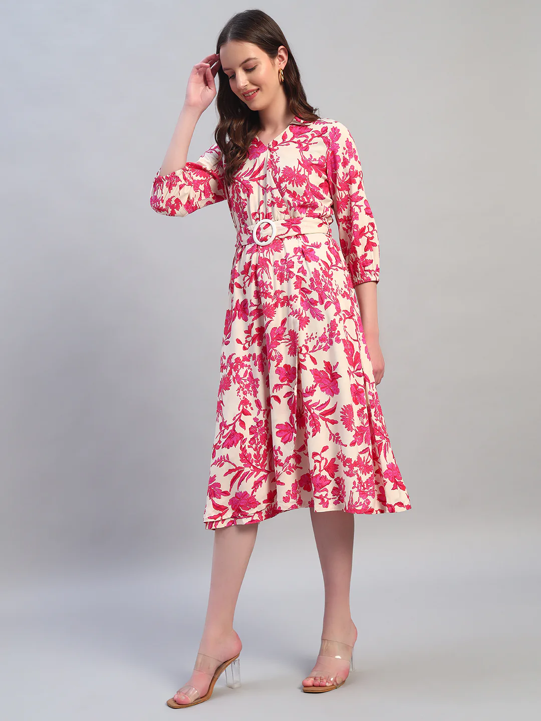 Women Printed Pink V-Neck 3/4th Sleeves Casual Dress - Image 3
