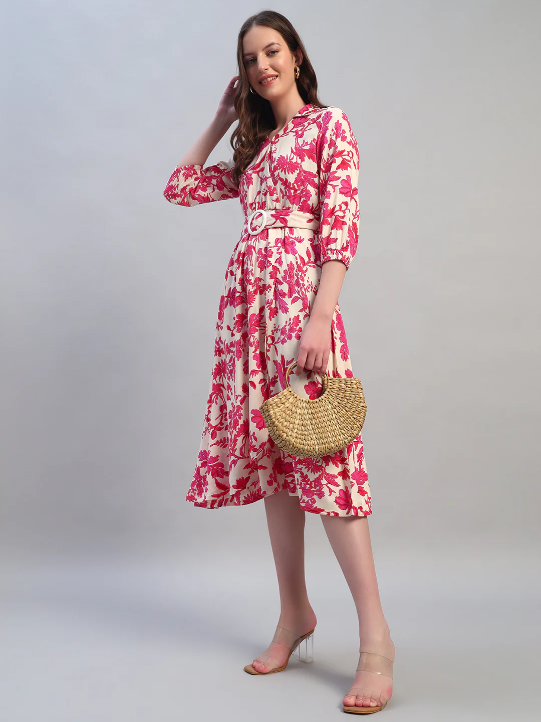 Women Printed Pink V-Neck 3/4th Sleeves Casual Dress - Image 5
