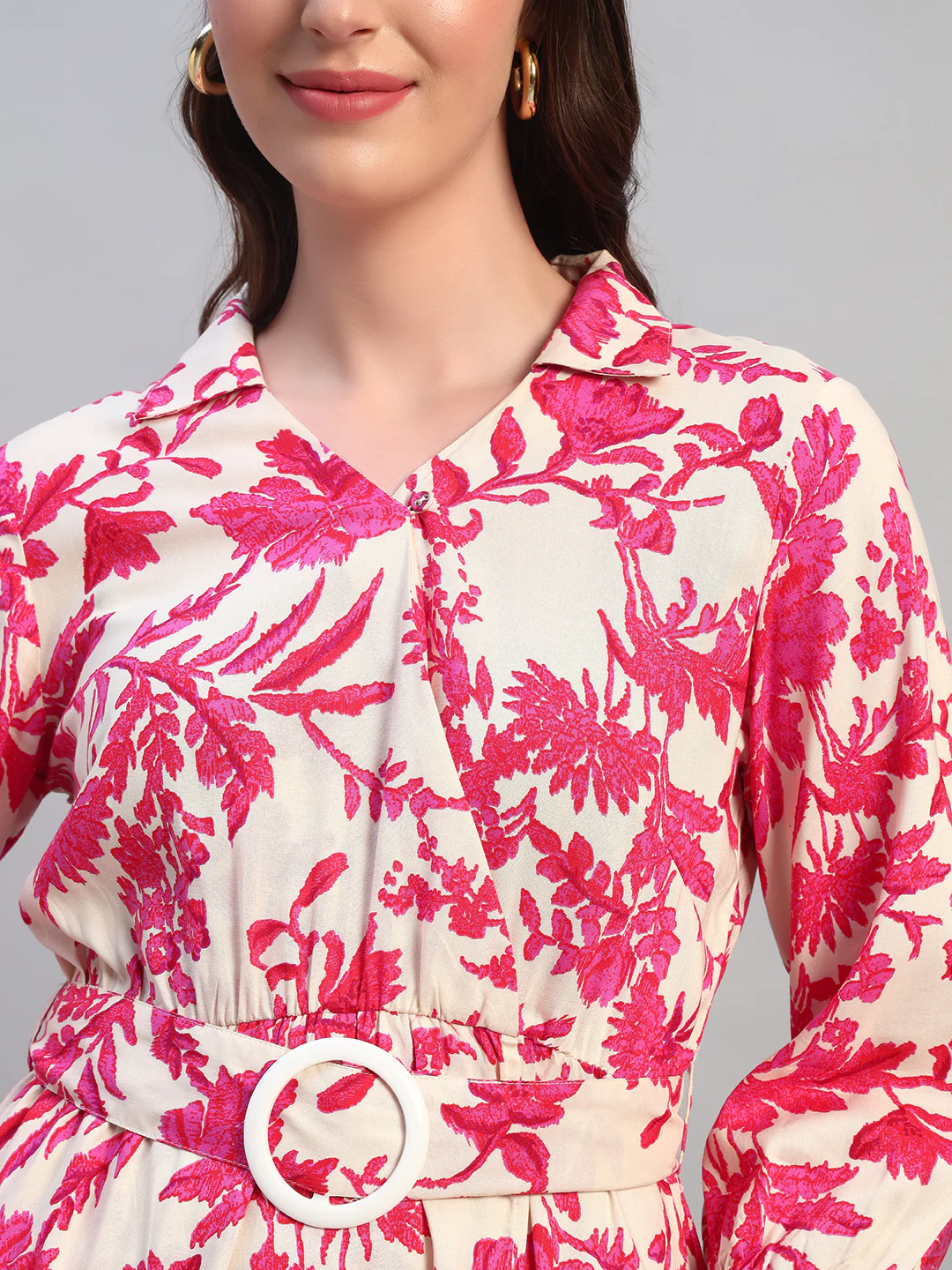 Women Printed Pink V-Neck 3/4th Sleeves Casual Dress - Image 6