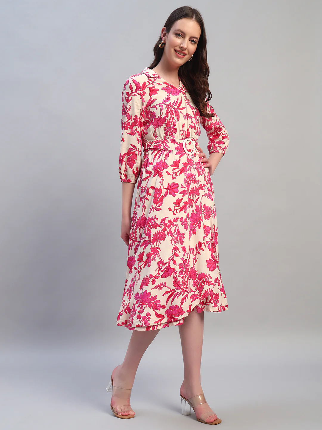 Women Printed Pink V-Neck 3/4th Sleeves Casual Dress - Image 7