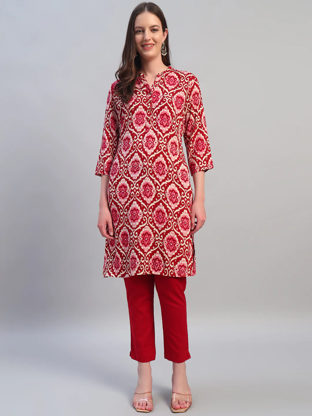 Women Printed Wine 3/4th Sleeves Regular Fit Kurti - Image 2