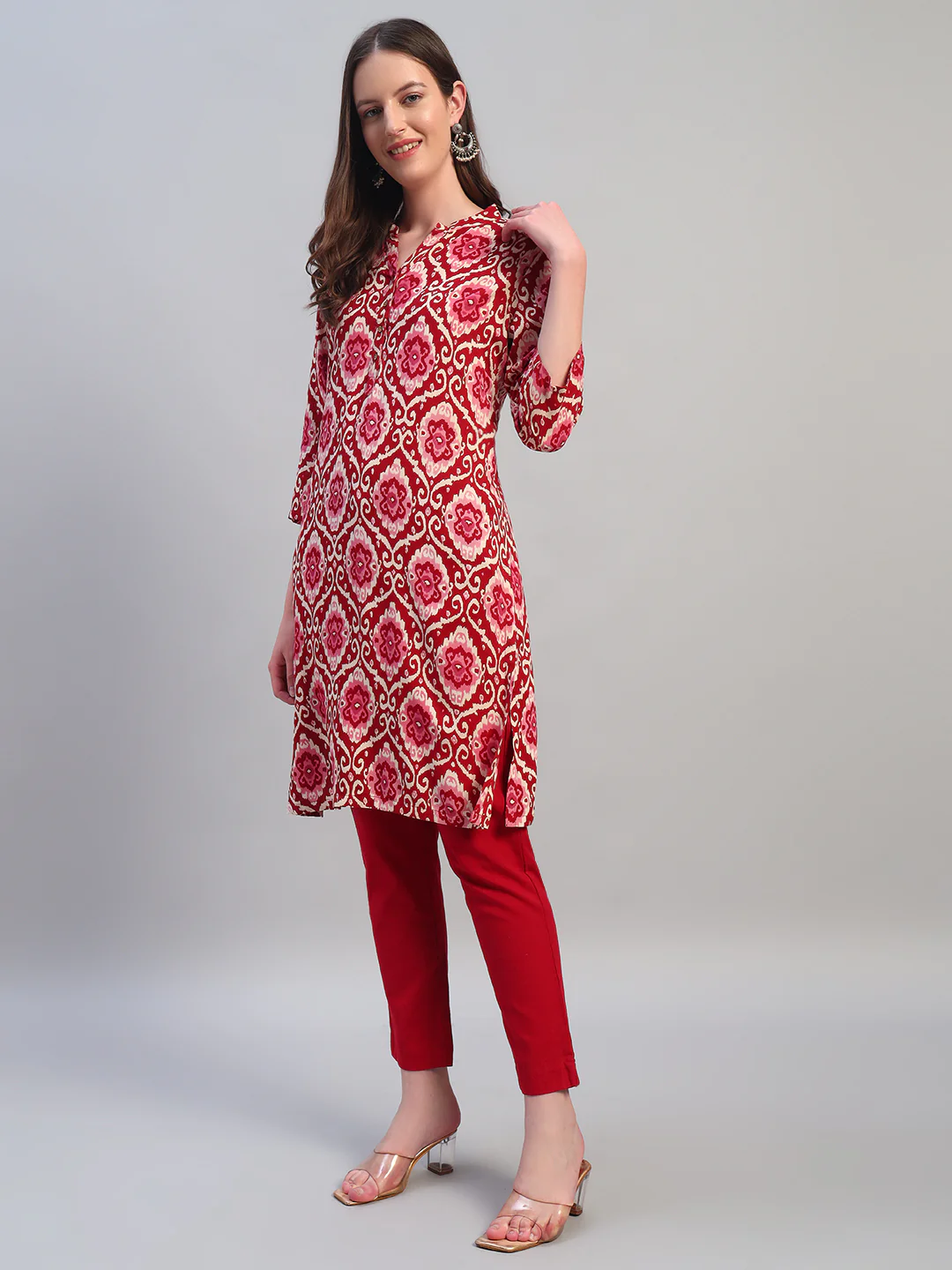 Women Printed Wine 3/4th Sleeves Regular Fit Kurti - Image 3