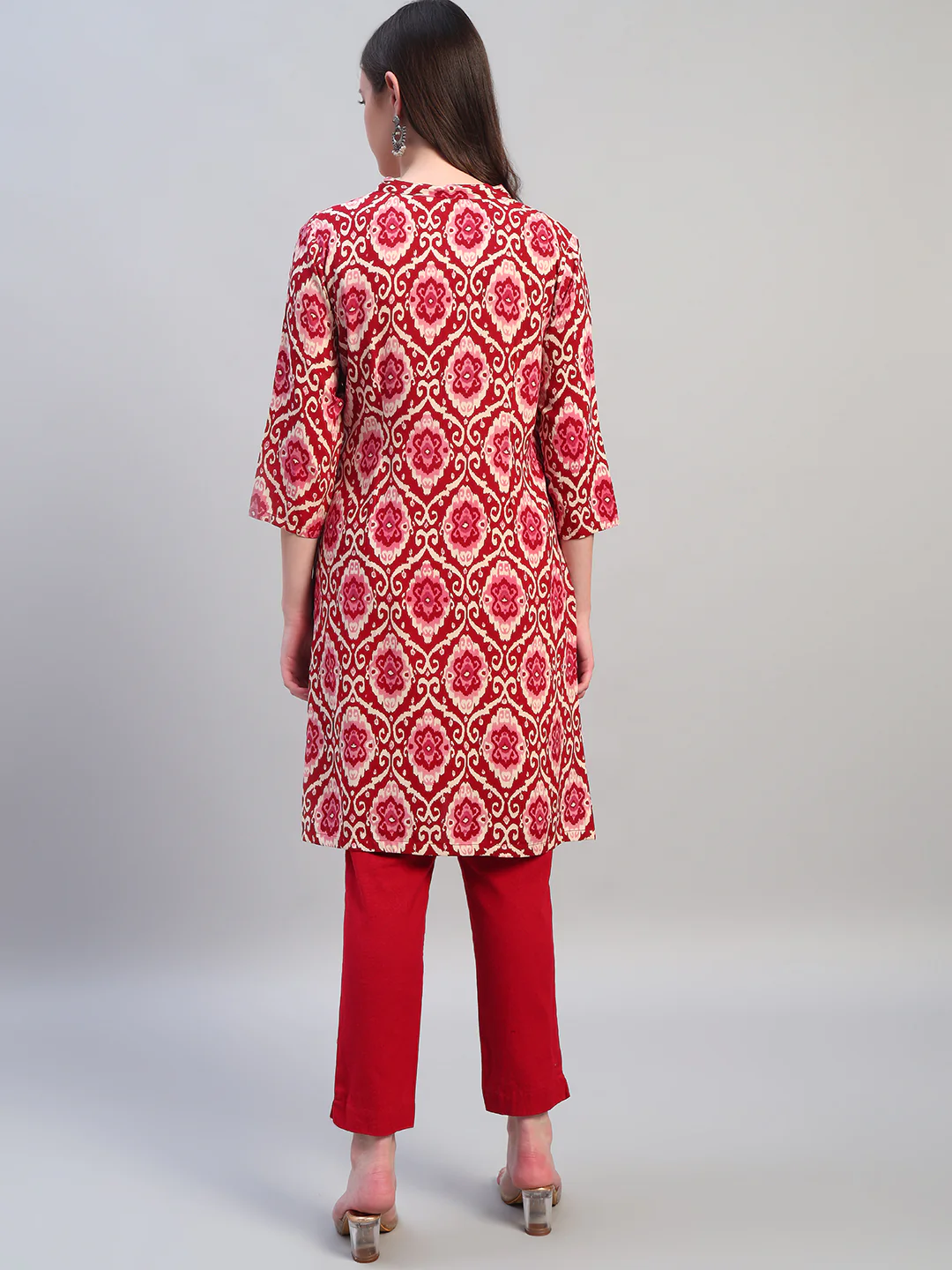 Women Printed Wine 3/4th Sleeves Regular Fit Kurti - Image 4