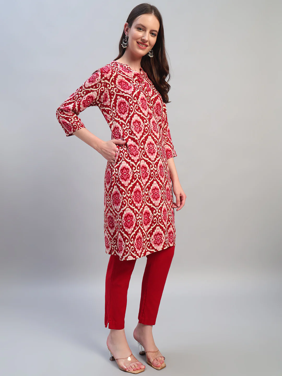 Women Printed Wine 3/4th Sleeves Regular Fit Kurti - Image 5