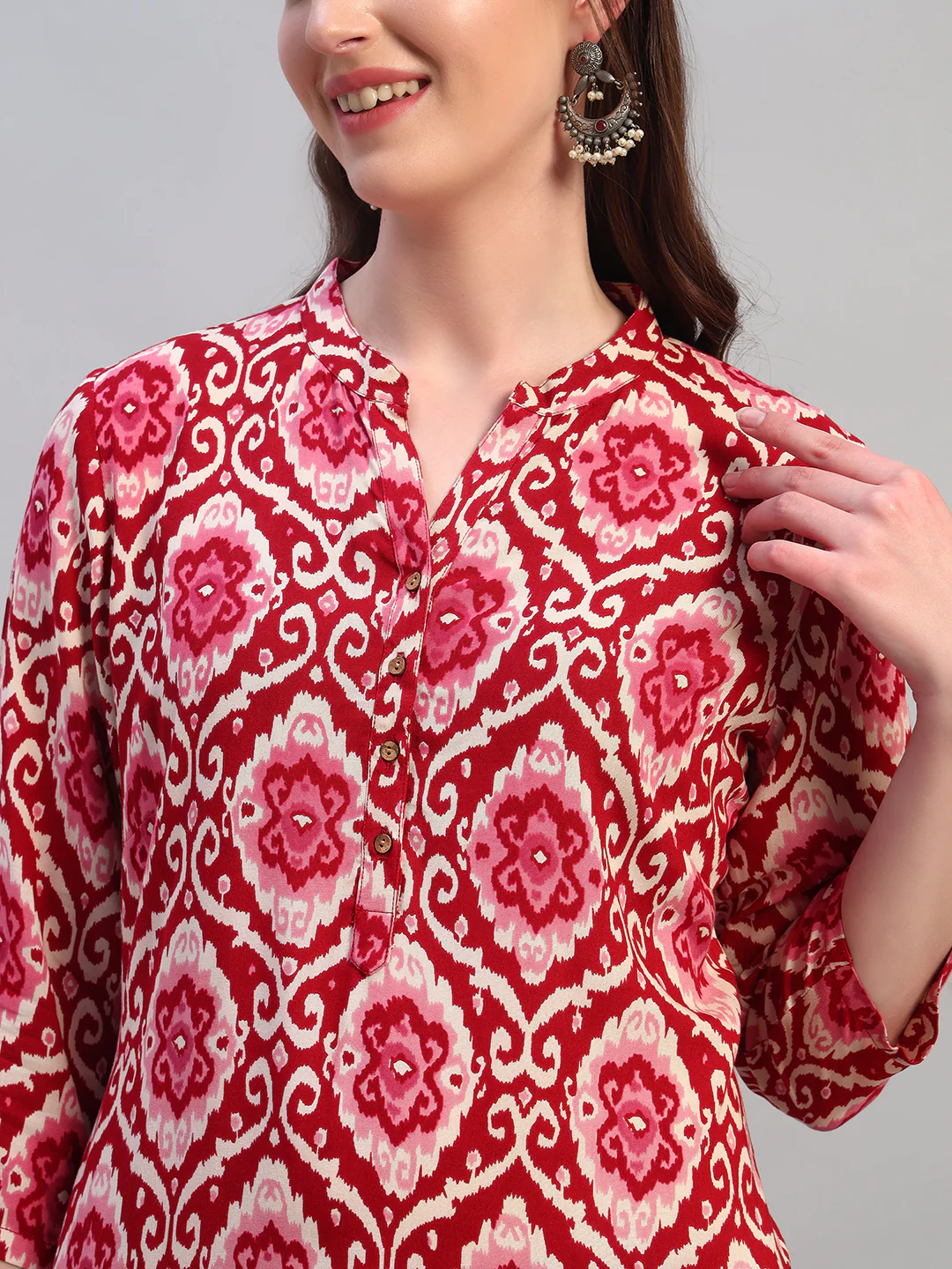 Women Printed Wine 3/4th Sleeves Regular Fit Kurti - Image 6