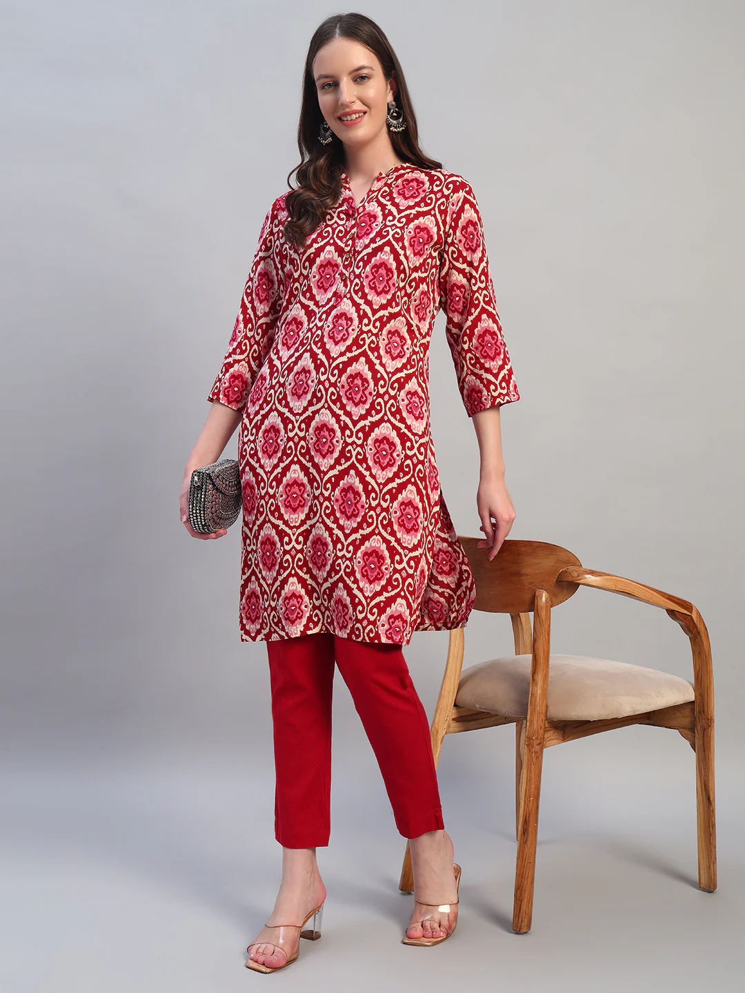 Women Printed Wine 3/4th Sleeves Regular Fit Kurti - Image 7