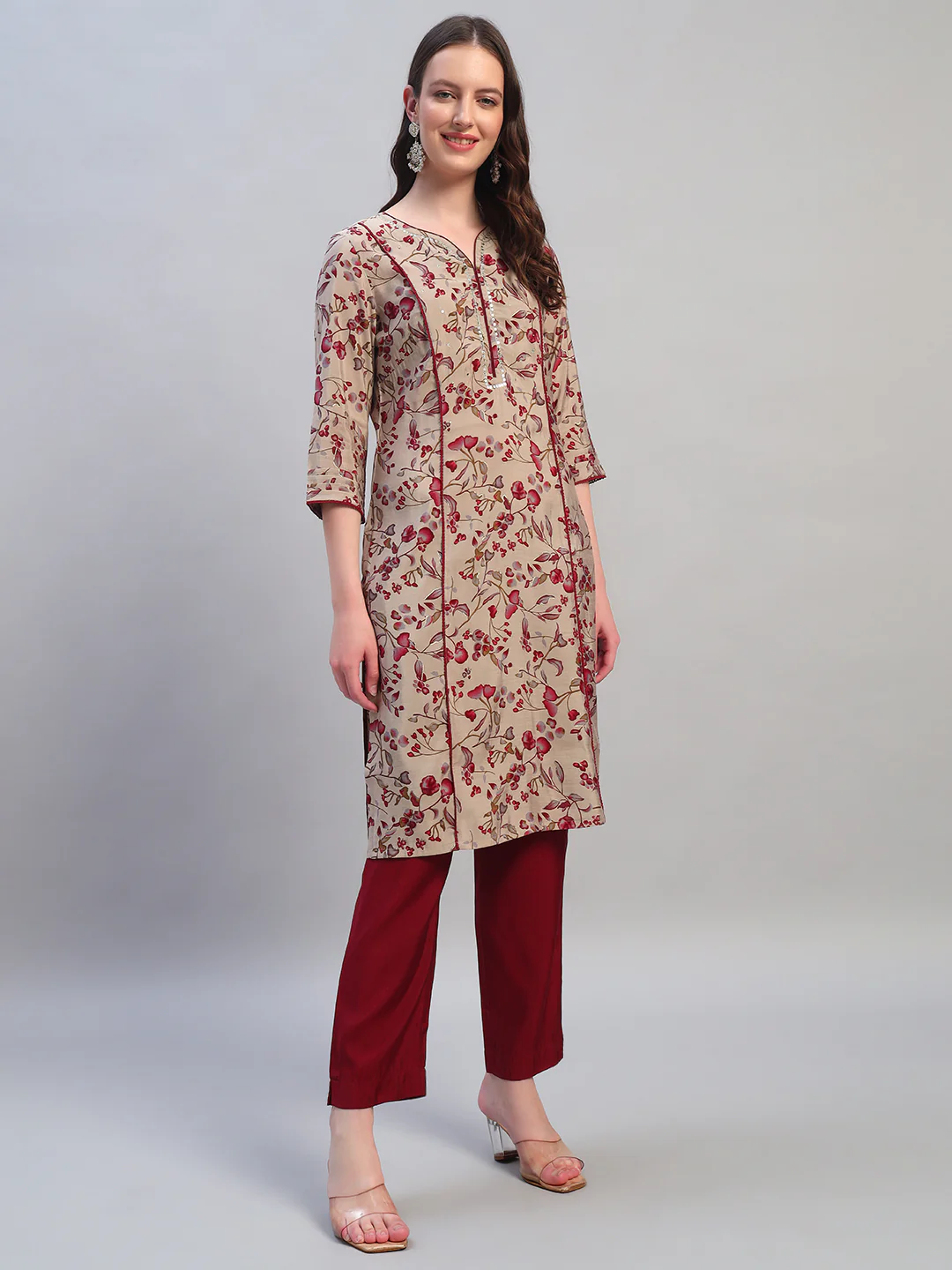 Women Printed Wine V-Neck 3/4th Sleeves Kurti Plazzo Set - Image 8