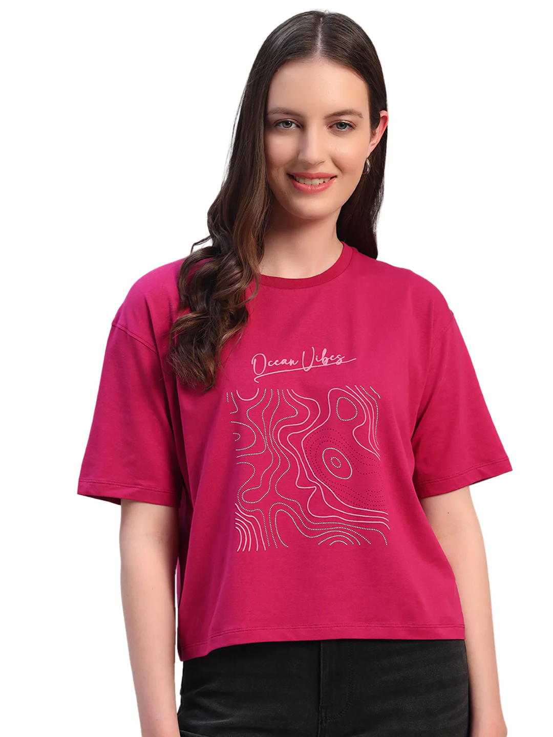 Women Purple Printed Half Sleeves Round Neck Casual T-Shirt
