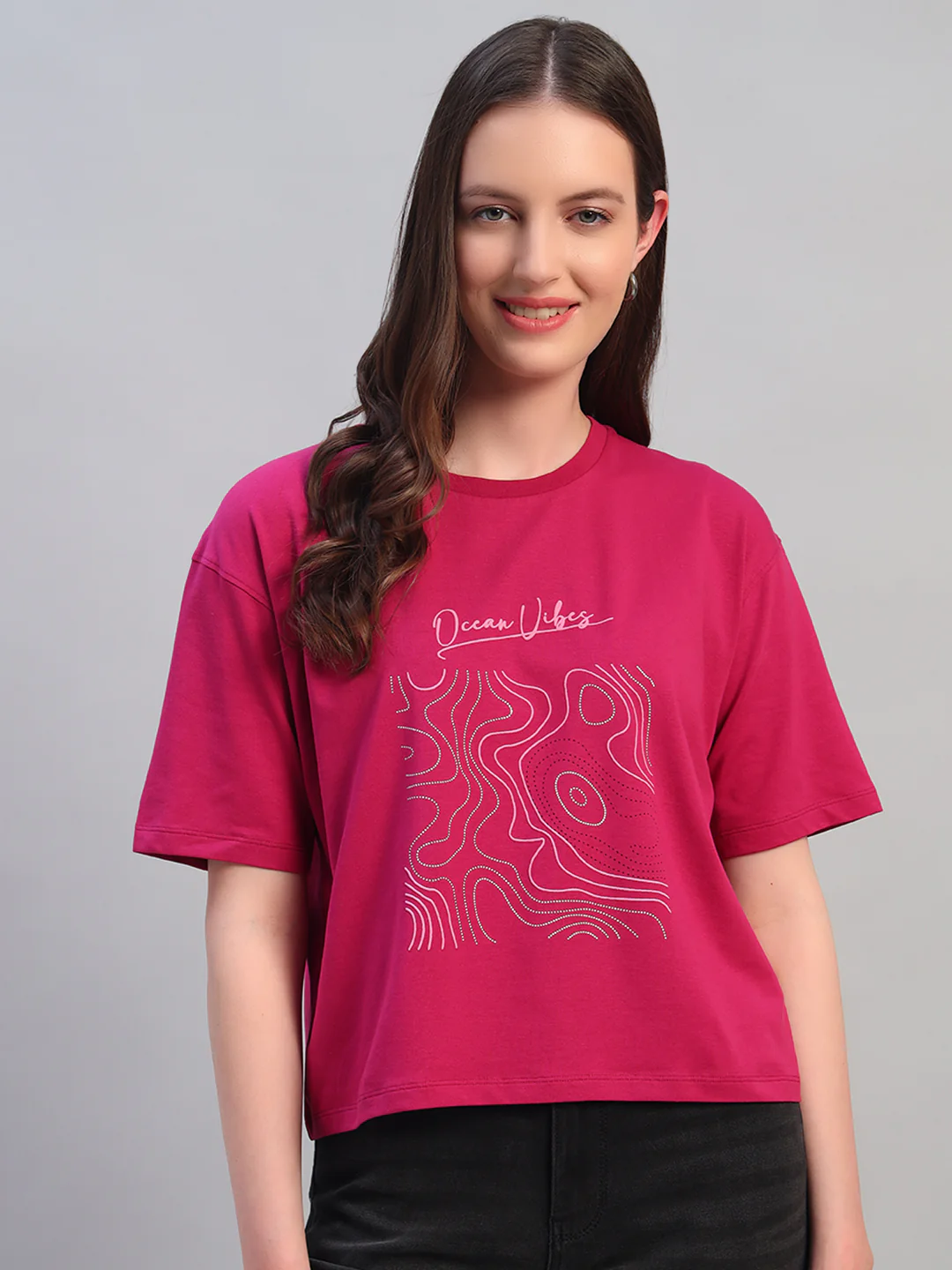 Women Purple Printed Half Sleeves Round Neck Casual T-Shirt - Image 2