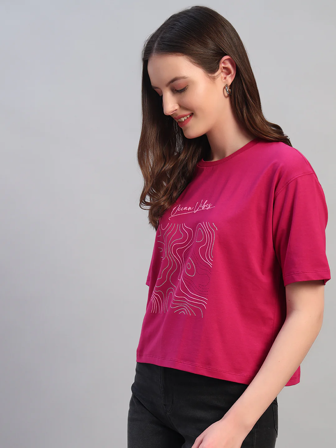 Women Purple Printed Half Sleeves Round Neck Casual T-Shirt - Image 3