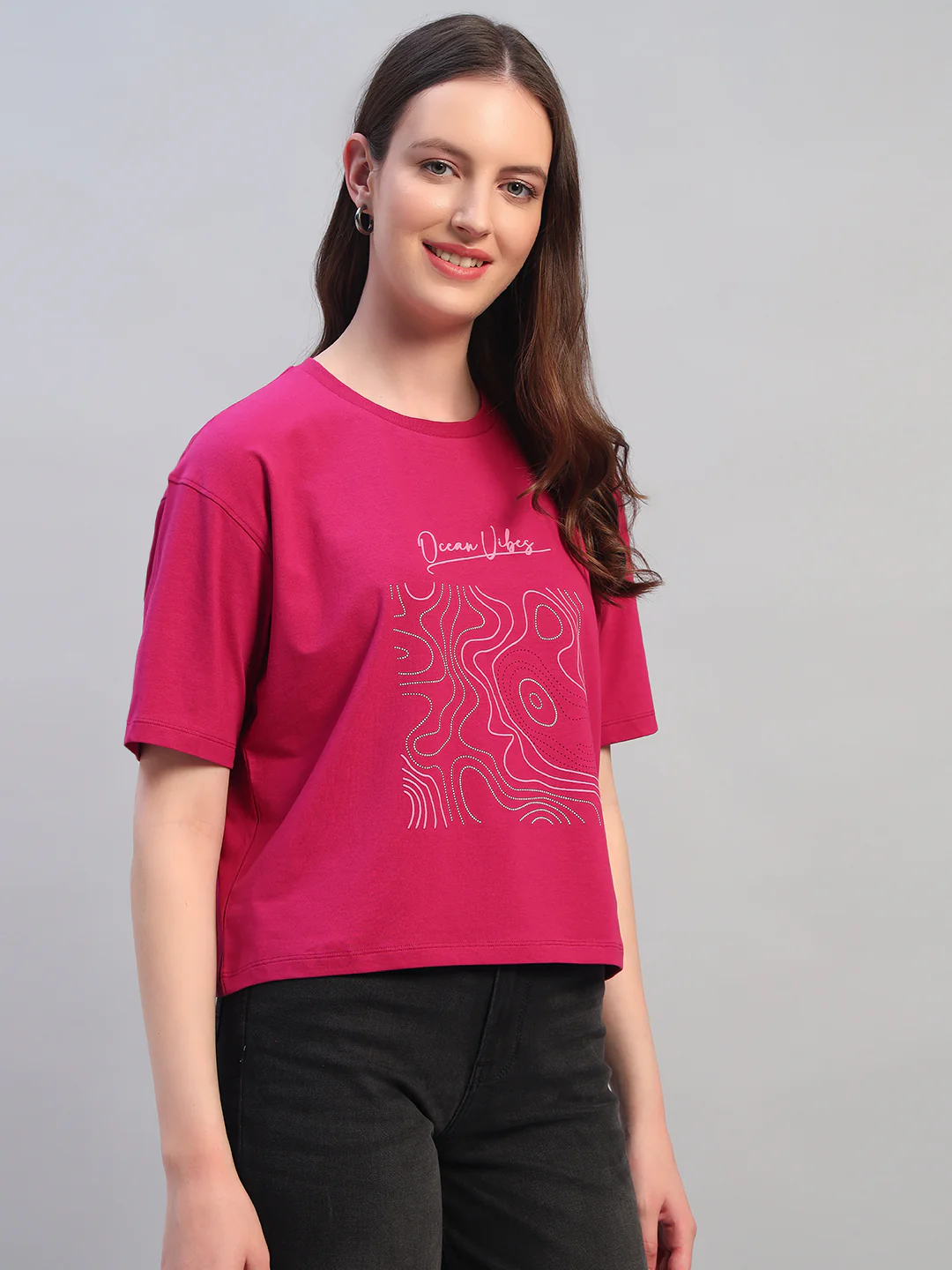 Women Purple Printed Half Sleeves Round Neck Casual T-Shirt - Image 5