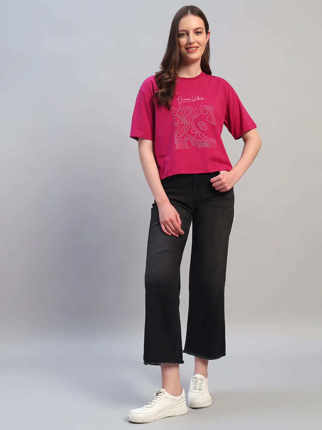 Women Purple Printed Half Sleeves Round Neck Casual T-Shirt - Image 7