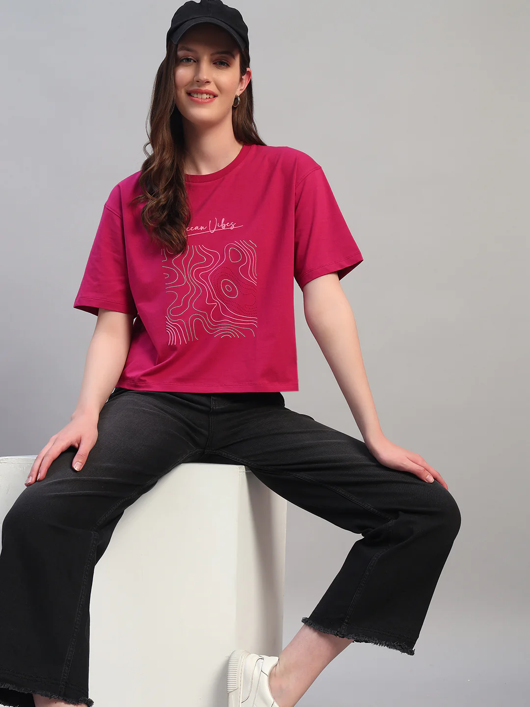 Women Purple Printed Half Sleeves Round Neck Casual T-Shirt - Image 8