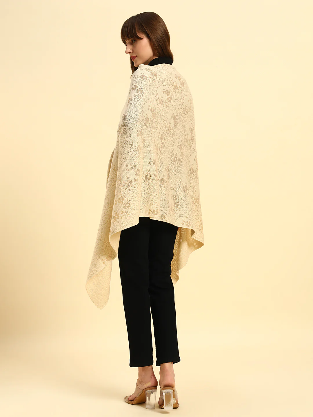 Women Self Design Beige Hook Closure Stoles - Image 2