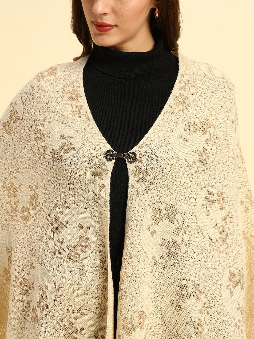 Women Self Design Beige Hook Closure Stoles - Image 3