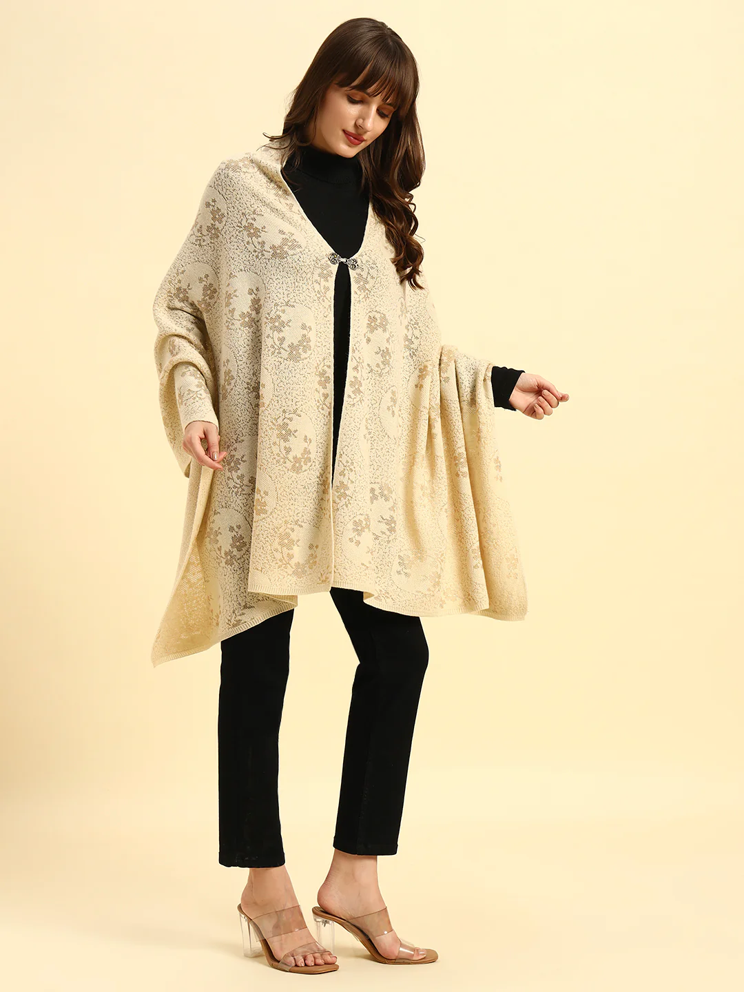 Women Self Design Beige Hook Closure Stoles - Image 4