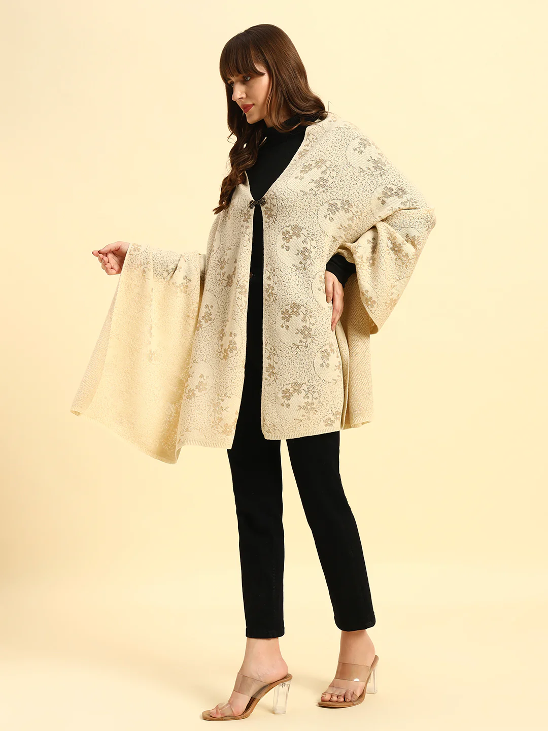 Women Self Design Beige Hook Closure Stoles - Image 5