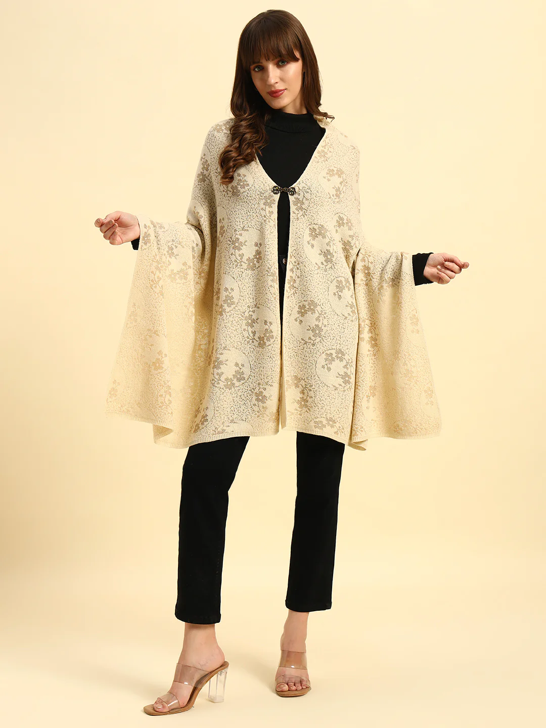 Women Self Design Beige Hook Closure Stoles - Image 6