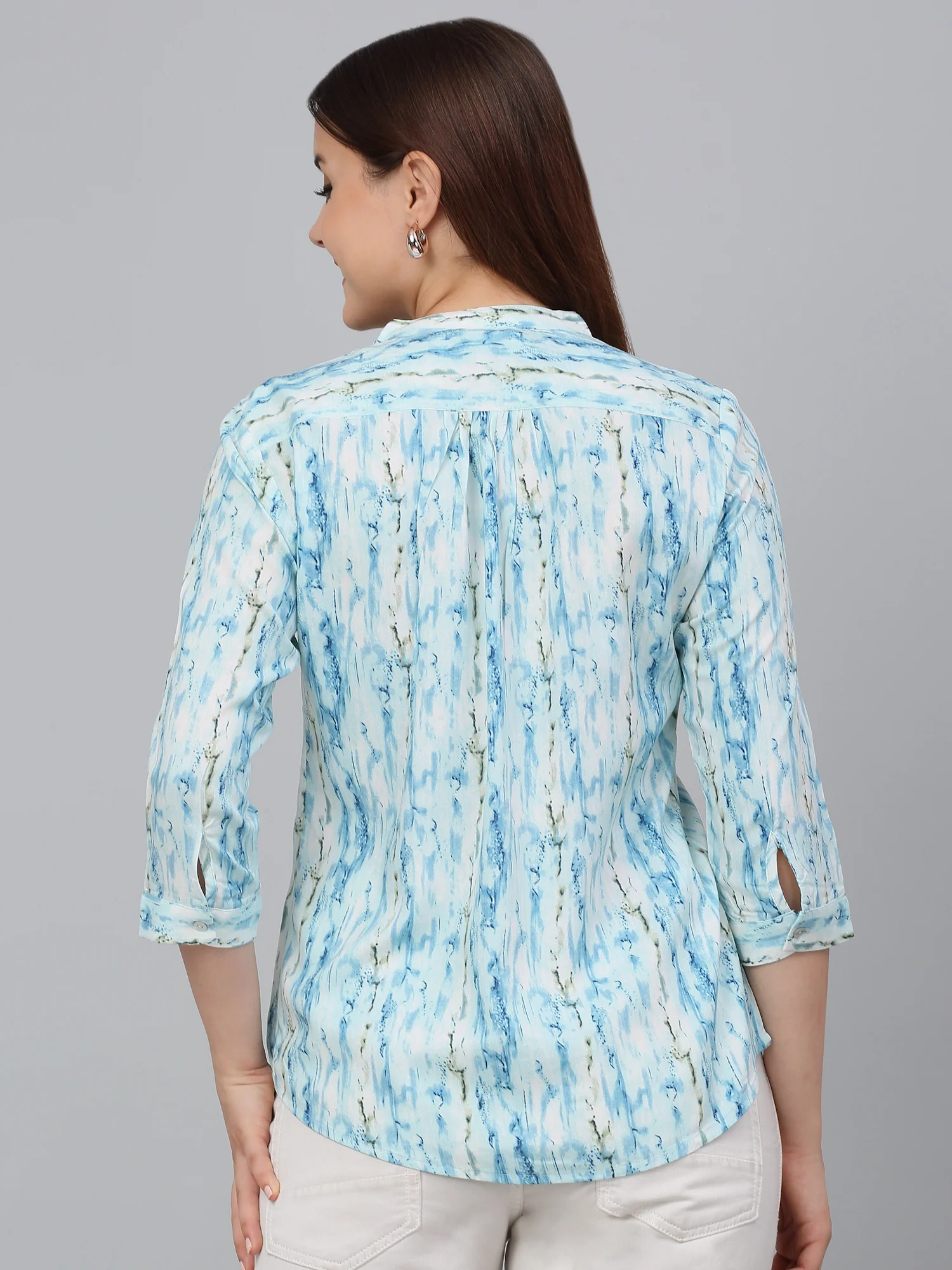 Women Sky Blue Printed Mandarin Collar Casual Tunic - Image 2
