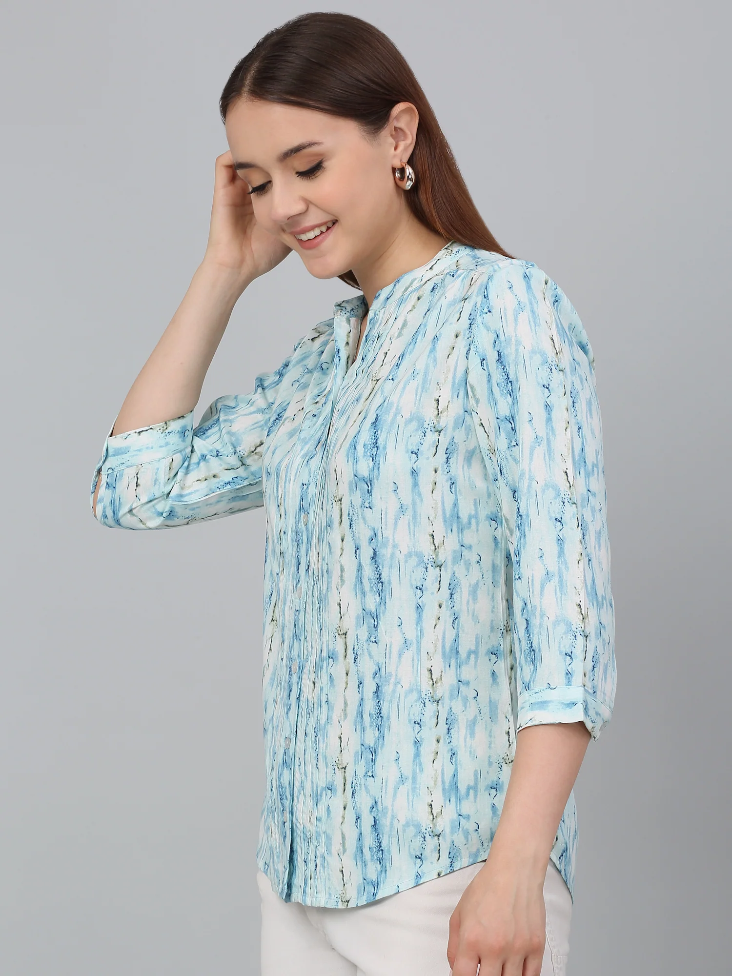 Women Sky Blue Printed Mandarin Collar Casual Tunic - Image 3