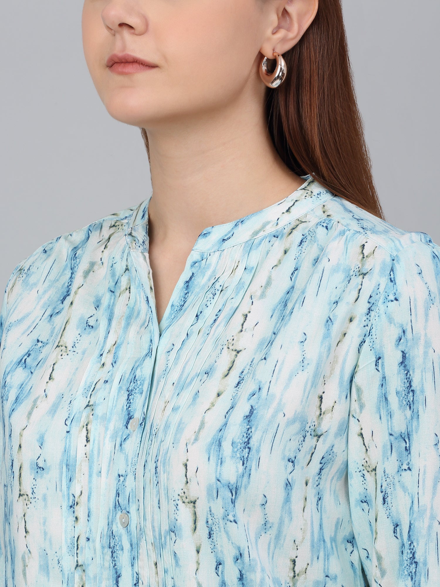 Women Sky Blue Printed Mandarin Collar Casual Tunic - Image 5