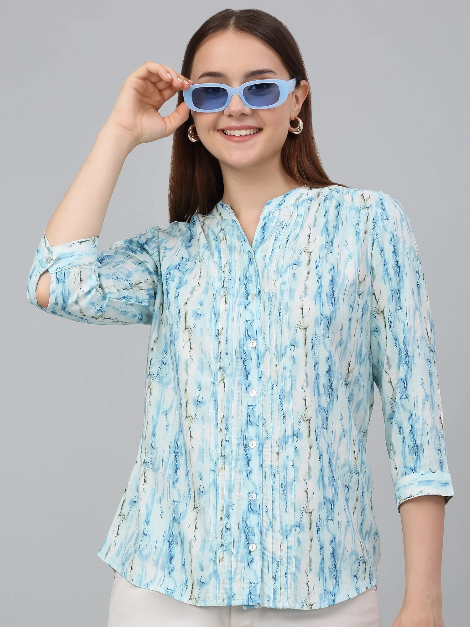 Women Sky Blue Printed Mandarin Collar Casual Tunic - Image 6