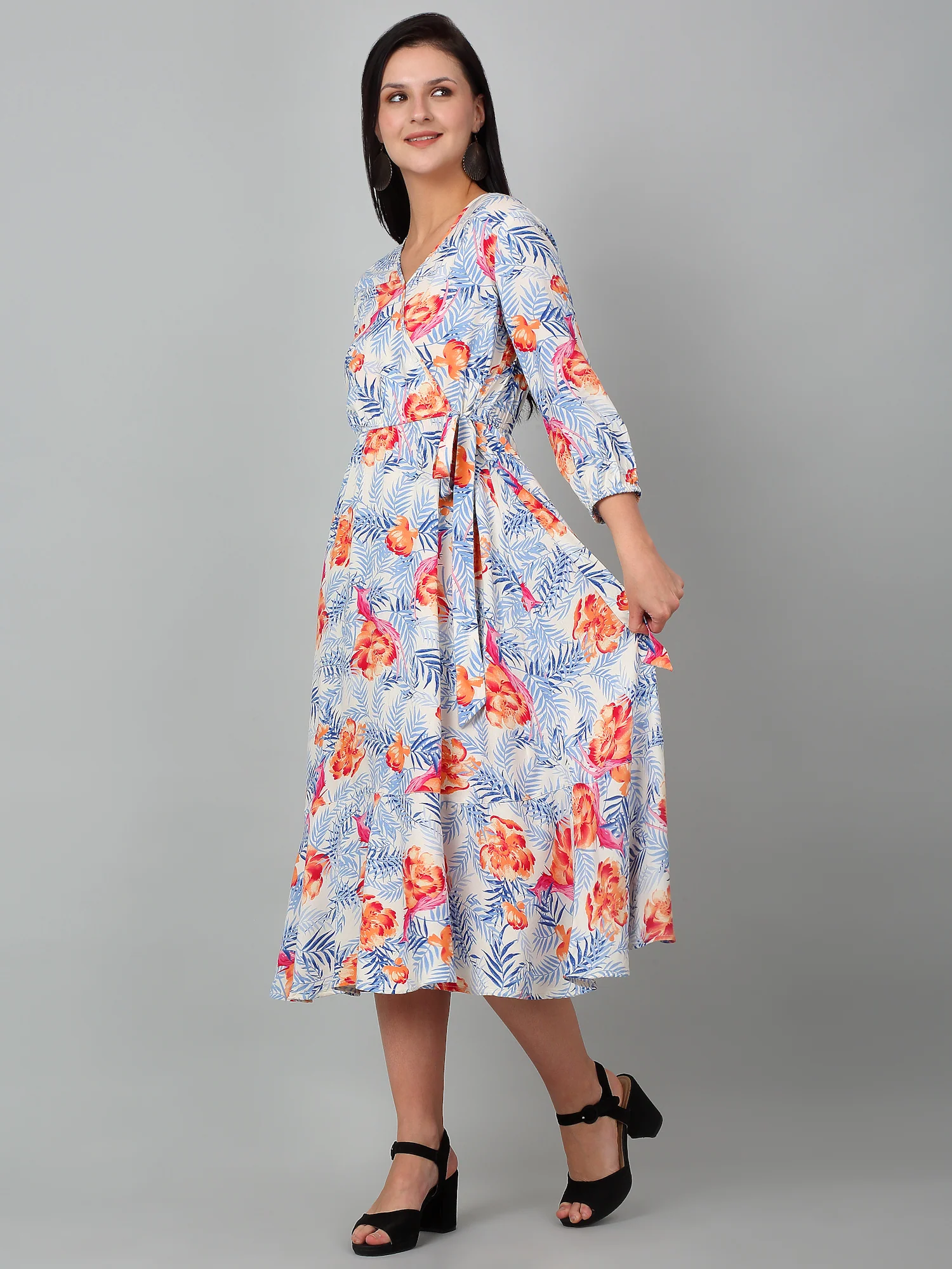 Women Sky Blue V-Neck Printed Dress - Image 2