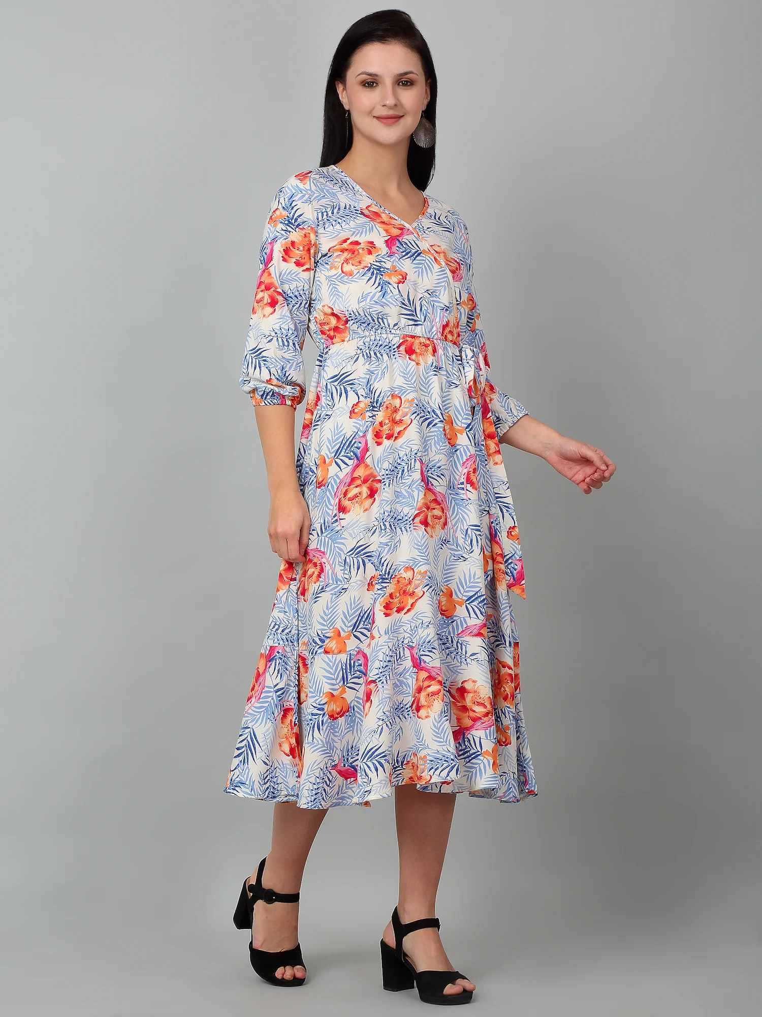 Women Sky Blue V-Neck Printed Dress - Image 3