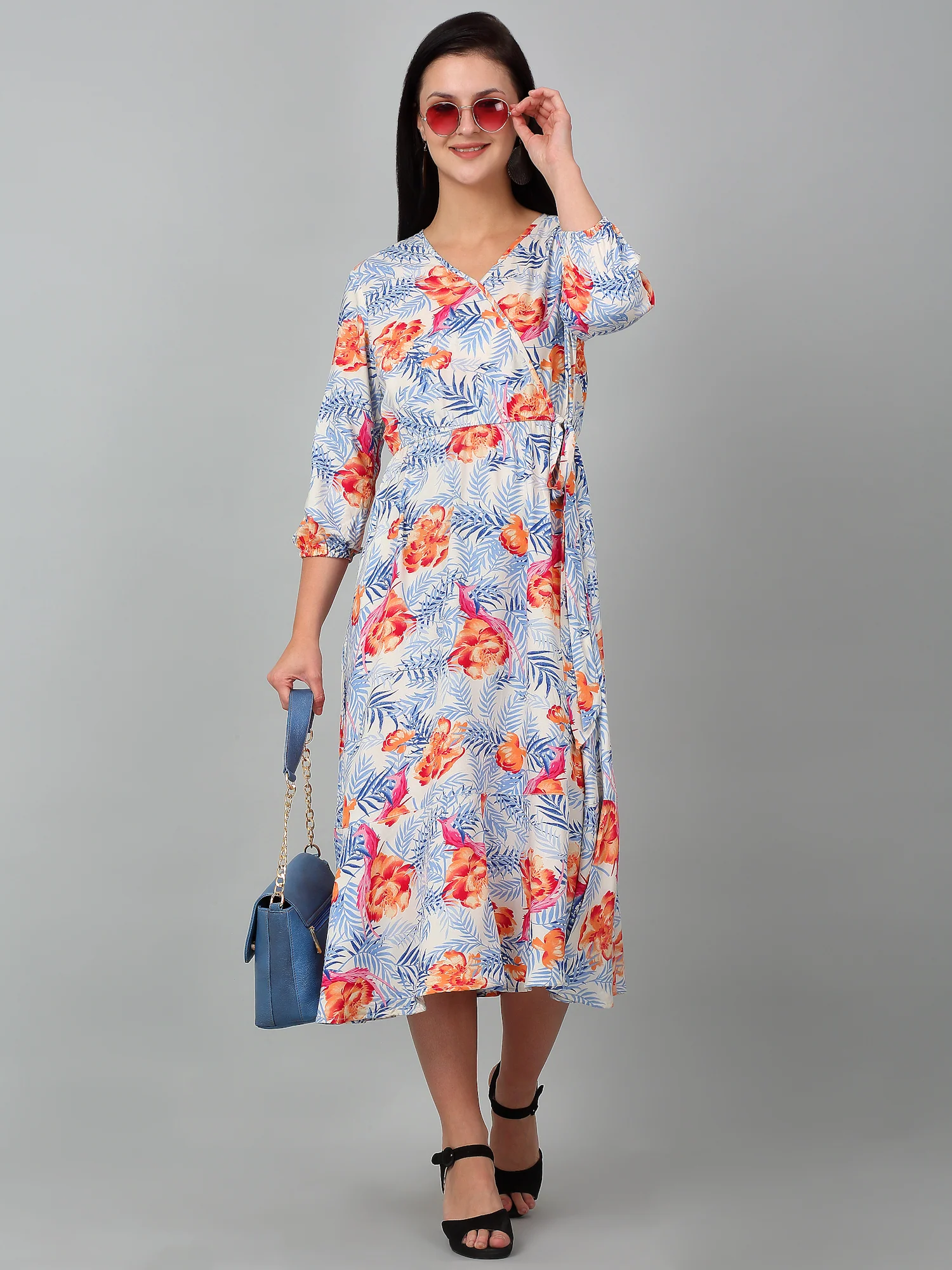 Women Sky Blue V-Neck Printed Dress - Image 5