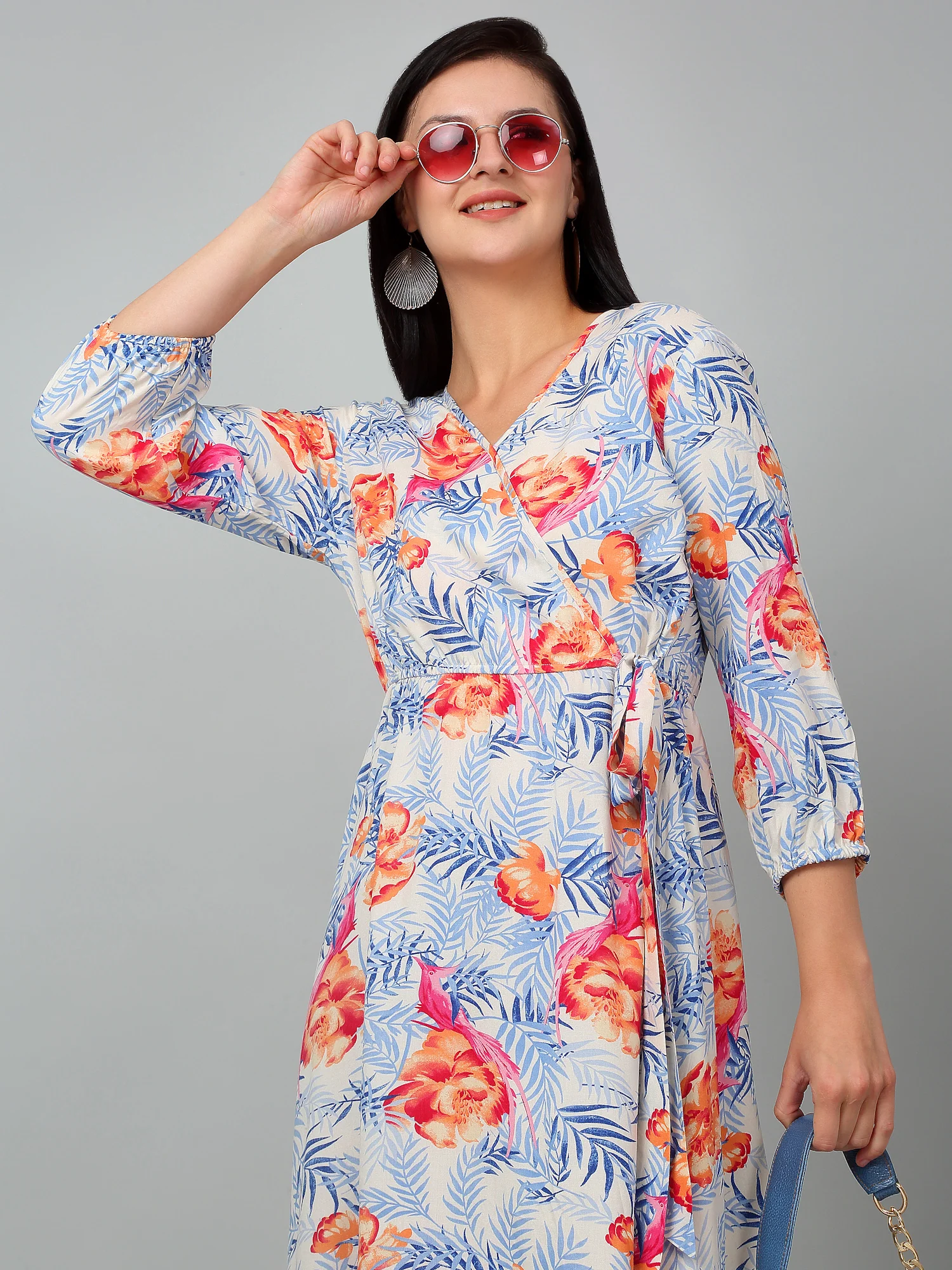 Women Sky Blue V-Neck Printed Dress - Image 6