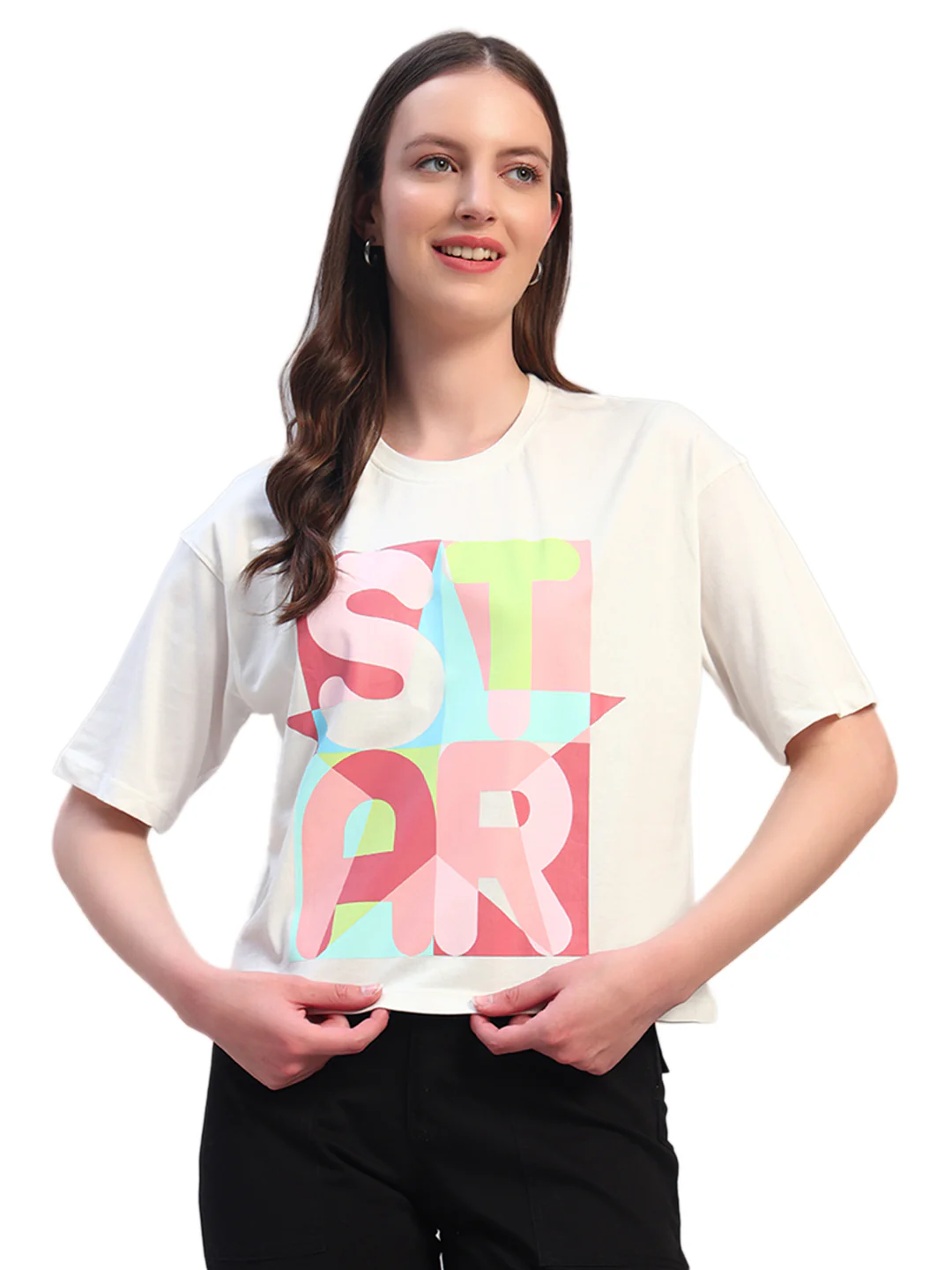 Women White Printed Half Sleeves Round Neck Casual T-Shirt - Image 3