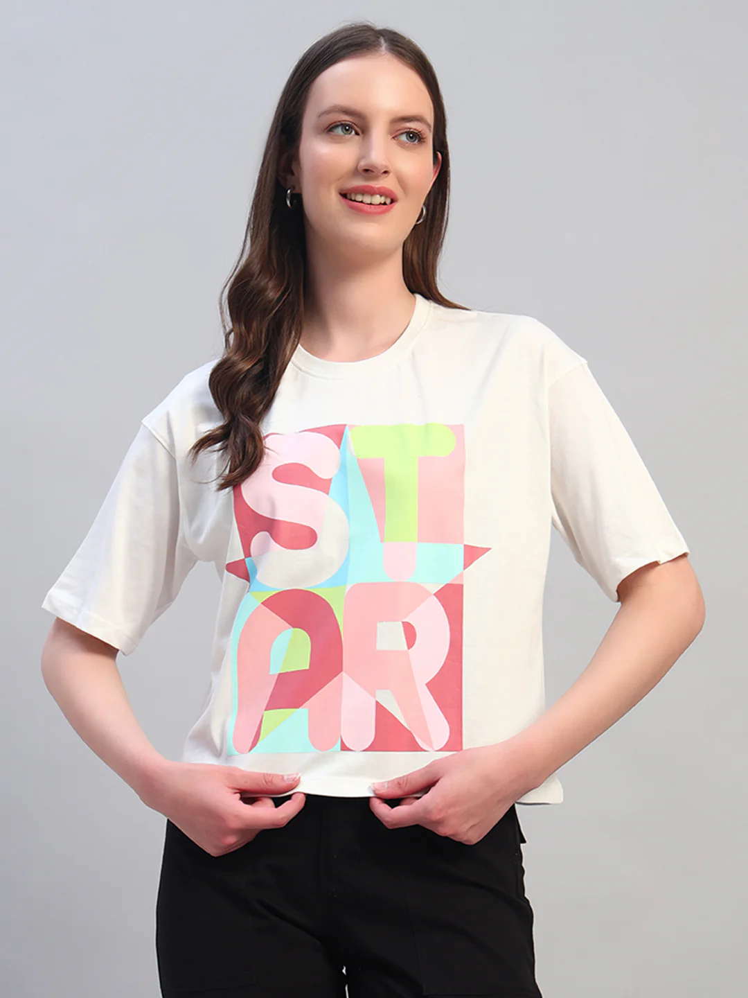 Women White Printed Half Sleeves Round Neck Casual T-Shirt - Image 4