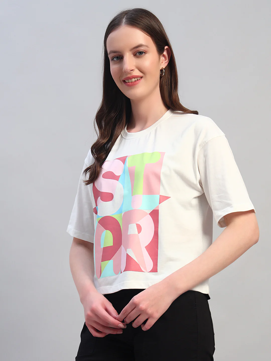Women White Printed Half Sleeves Round Neck Casual T-Shirt - Image 5