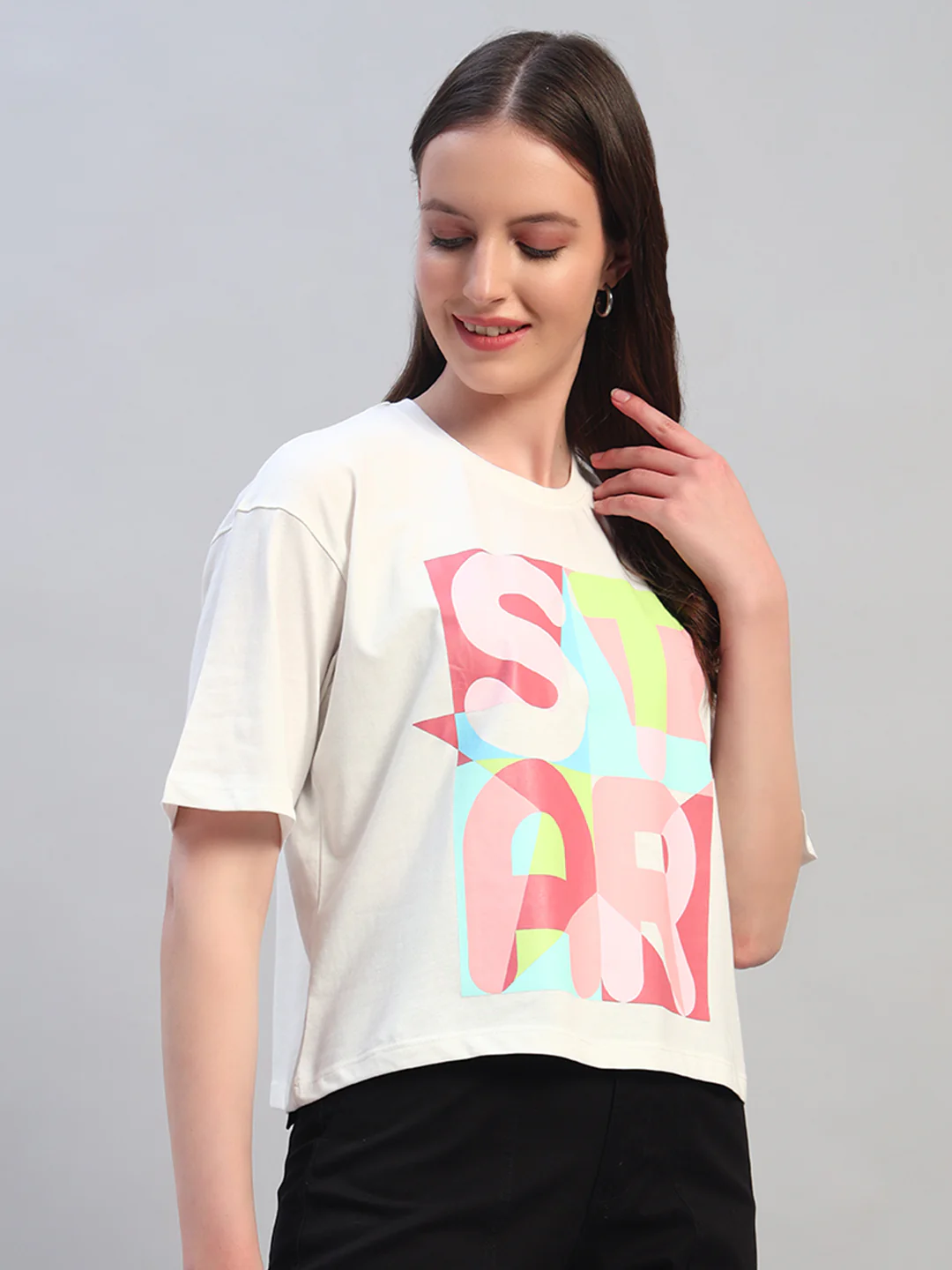Women White Printed Half Sleeves Round Neck Casual T-Shirt - Image 6