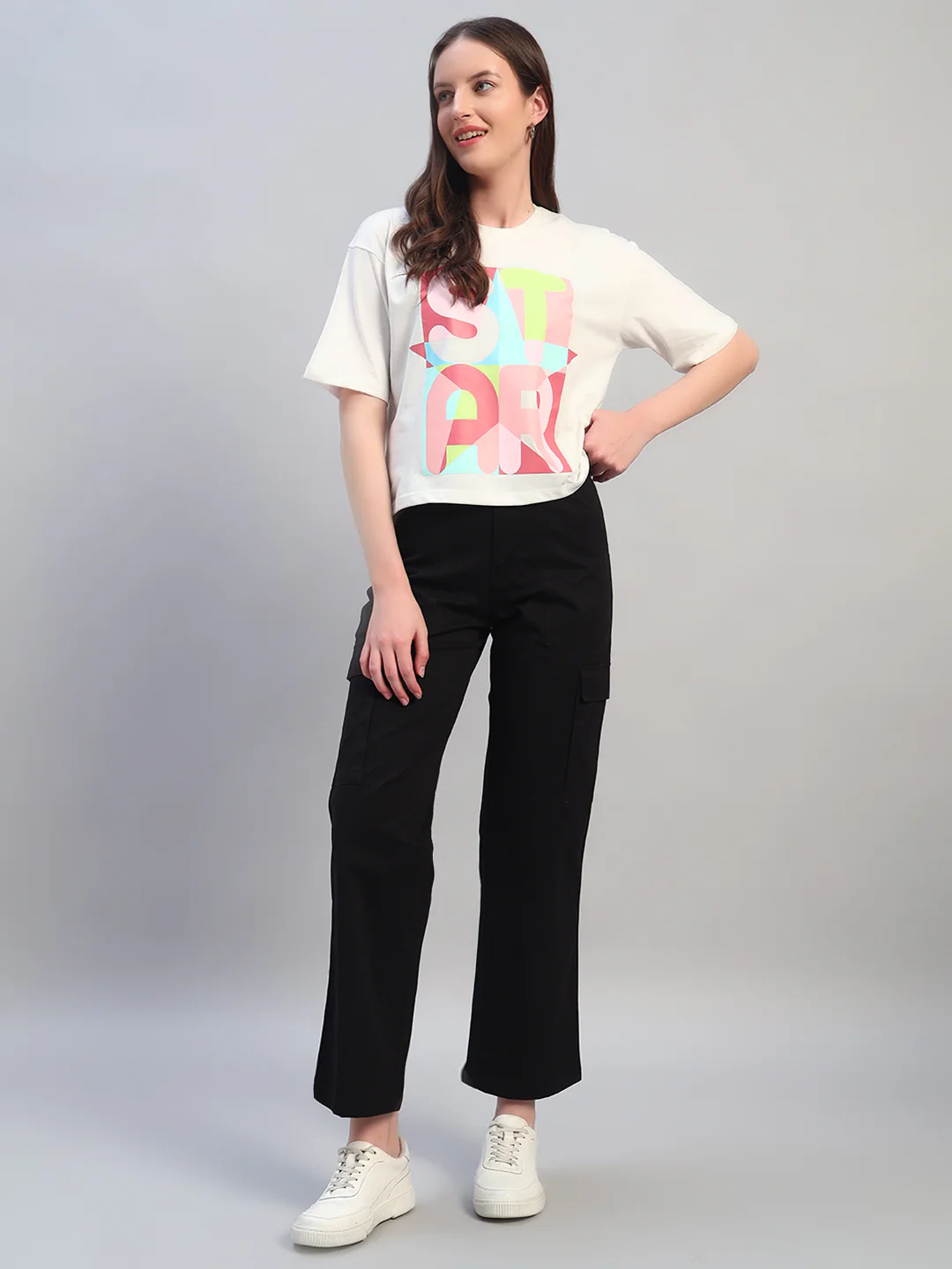 Women White Printed Half Sleeves Round Neck Casual T-Shirt - Image 7