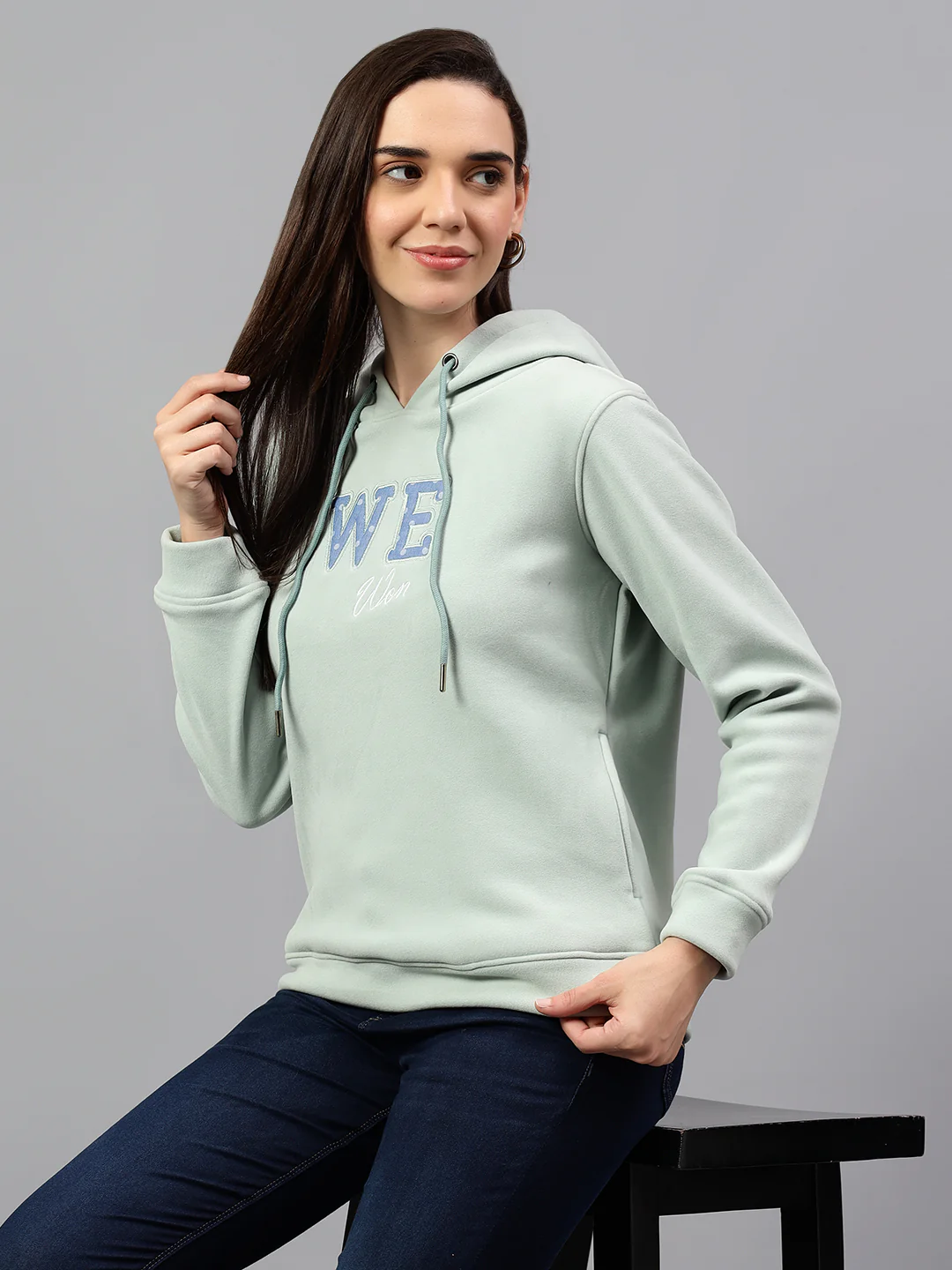 Women's Aqua Blue Printed Hoody Neck Sweatshirt - Image 3