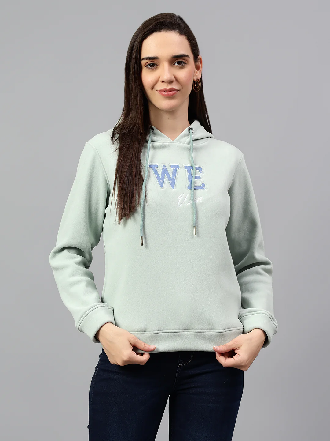 Women's Aqua Blue Printed Hoody Neck Sweatshirt - Image 4