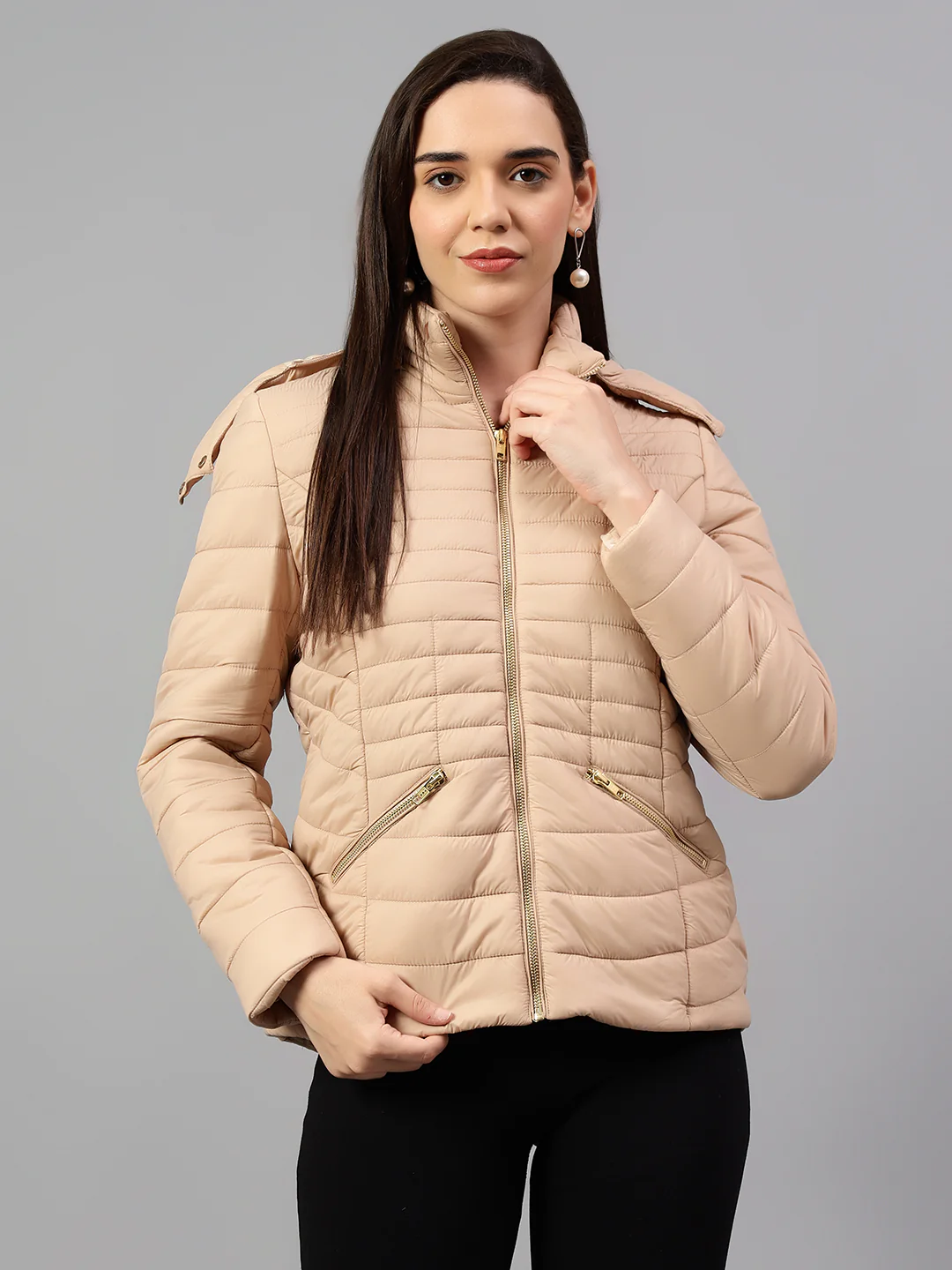 Women's Beige Solid Full Sleeves Winter Jacket - Image 4