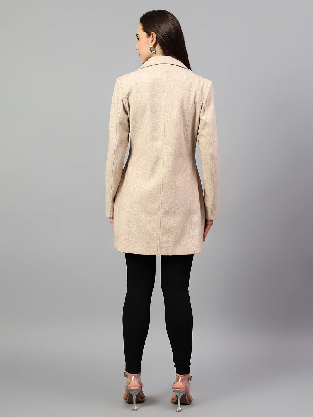Women's Beige Solid Full Sleeves Winter Long Coat - Image 2