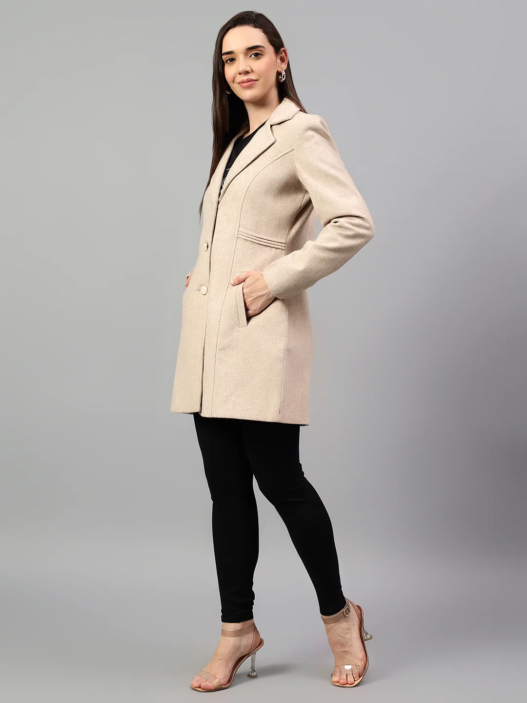 Women's Beige Solid Full Sleeves Winter Long Coat - Image 3