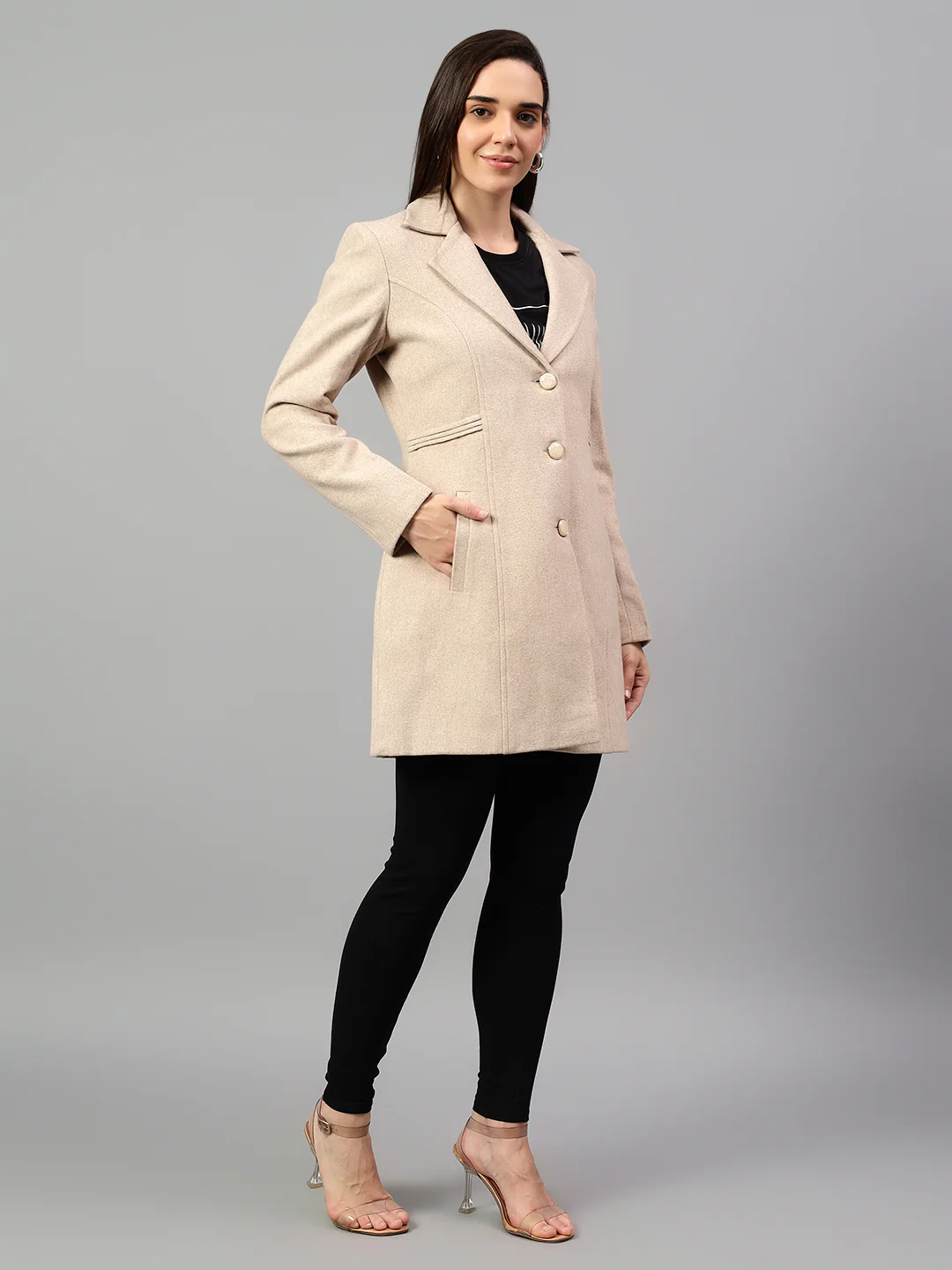 Women's Beige Solid Full Sleeves Winter Long Coat - Image 4