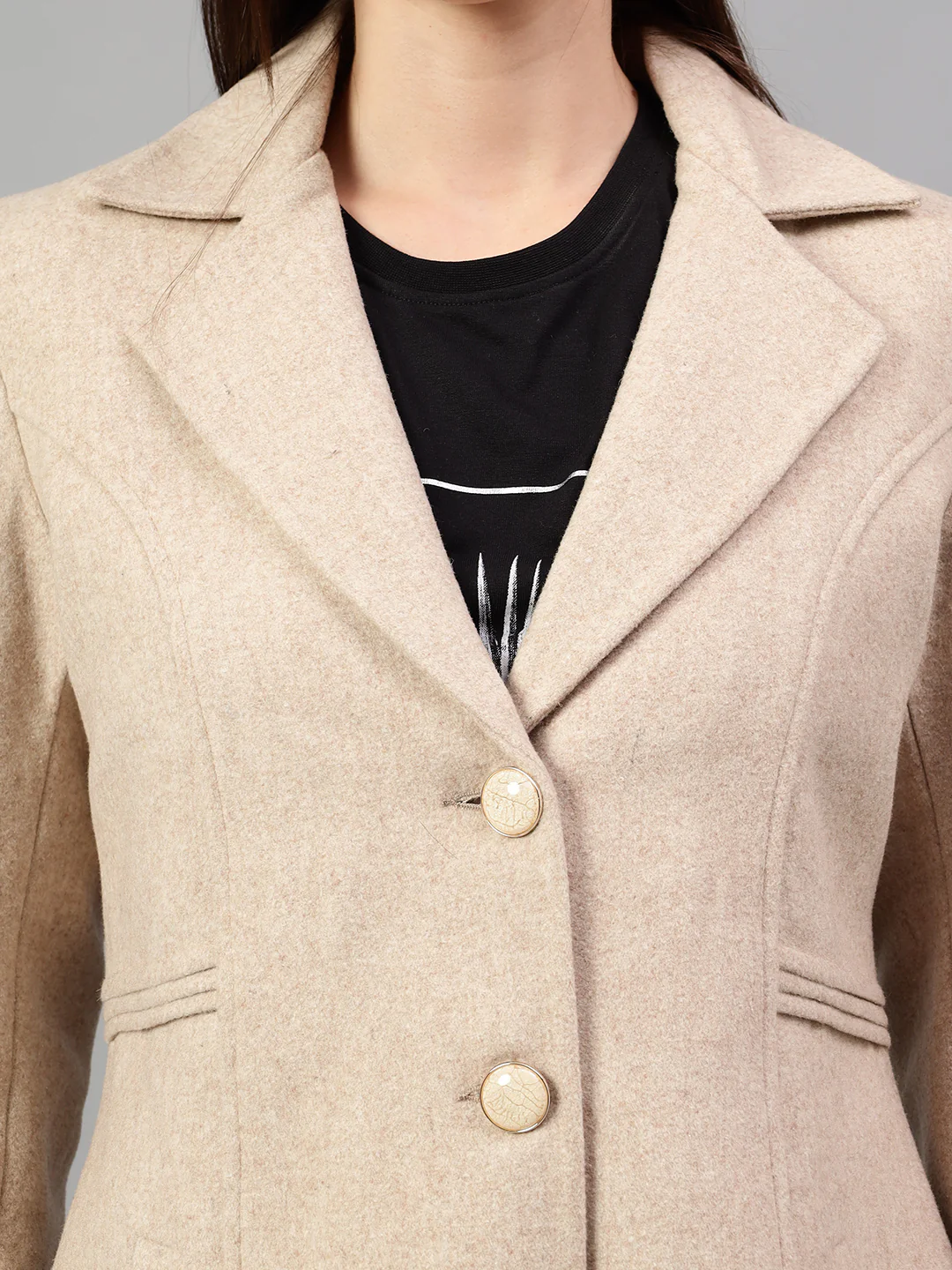 Women's Beige Solid Full Sleeves Winter Long Coat - Image 5
