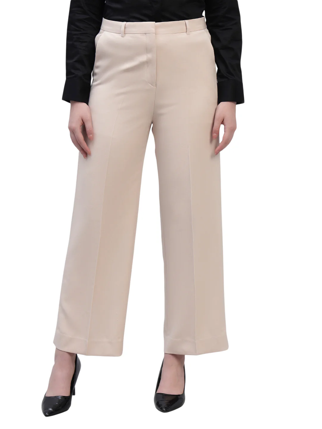 Women's Beige Solid Non Pleated Regular Fit High Waist Formal Trouser - Image 2