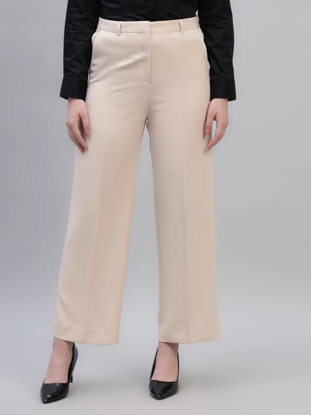 Women's Beige Solid Non Pleated Regular Fit High Waist Formal Trouser - Image 3