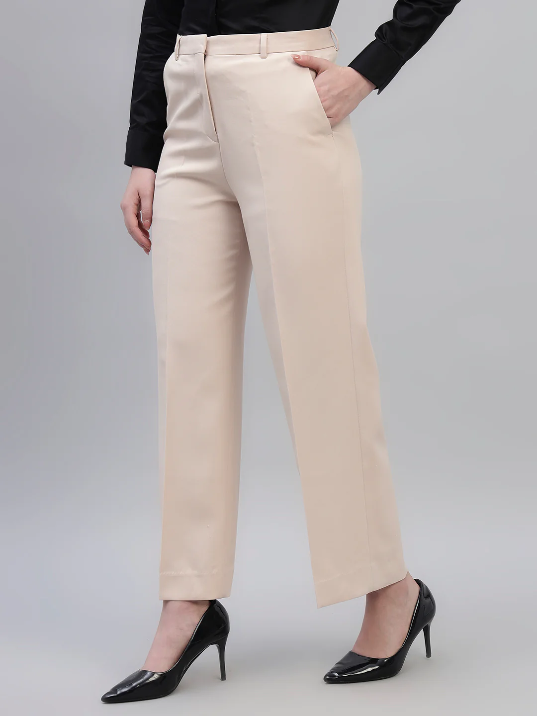 Women's Beige Solid Non Pleated Regular Fit High Waist Formal Trouser - Image 4