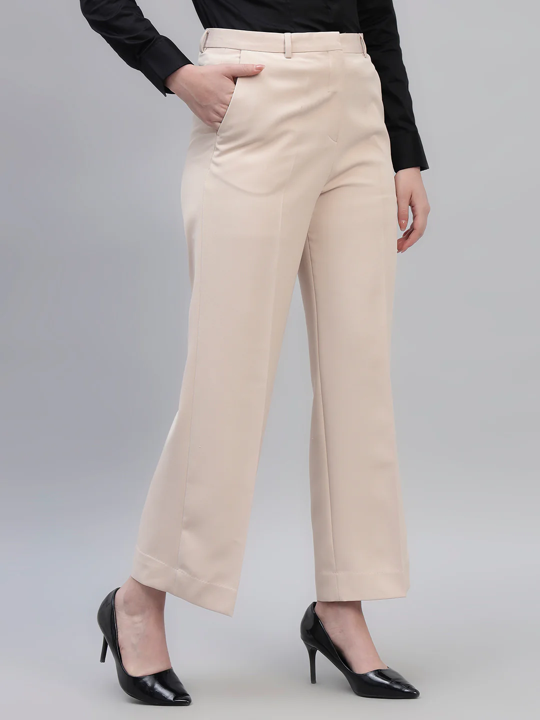 Women's Beige Solid Non Pleated Regular Fit High Waist Formal Trouser - Image 5